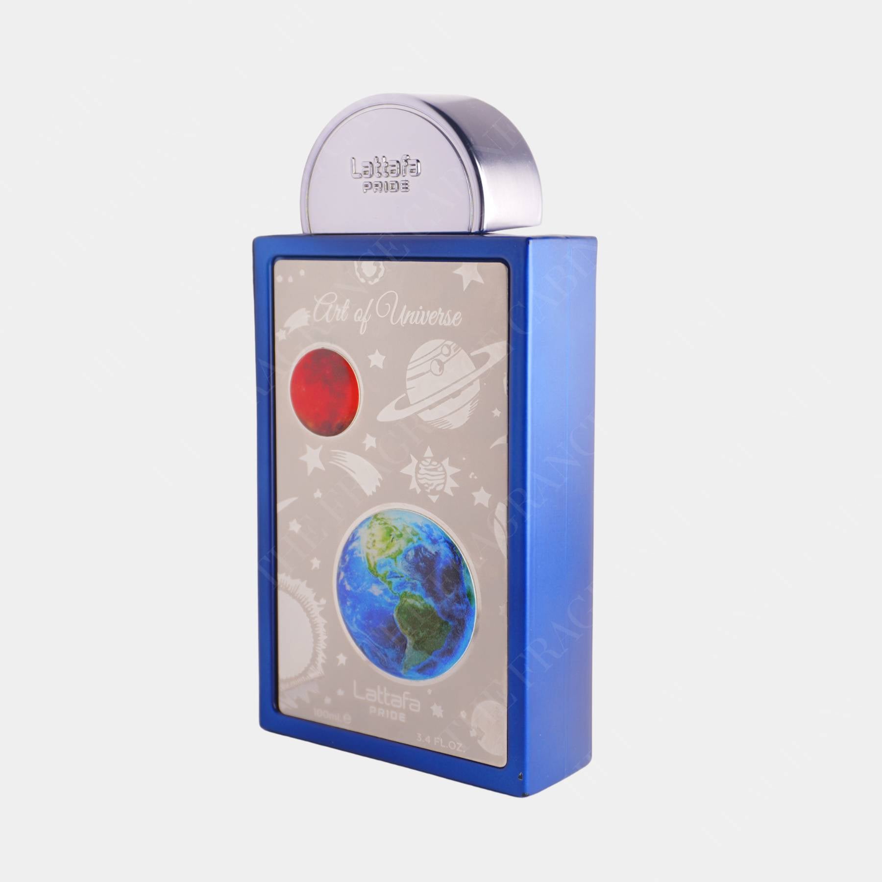 Lattafa Art of universe 100ml eau de parfum front view of bottle , side on