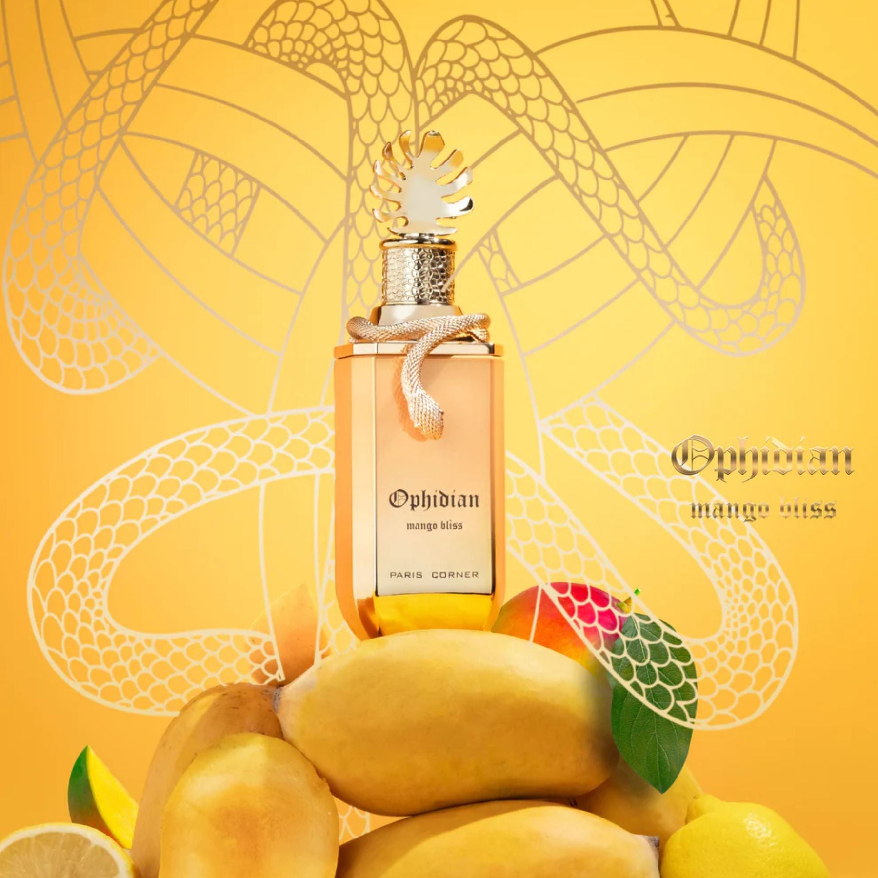 Paris Corner Mango Bliss 100ml eau de parfum front view of bottle, lifestyle image.