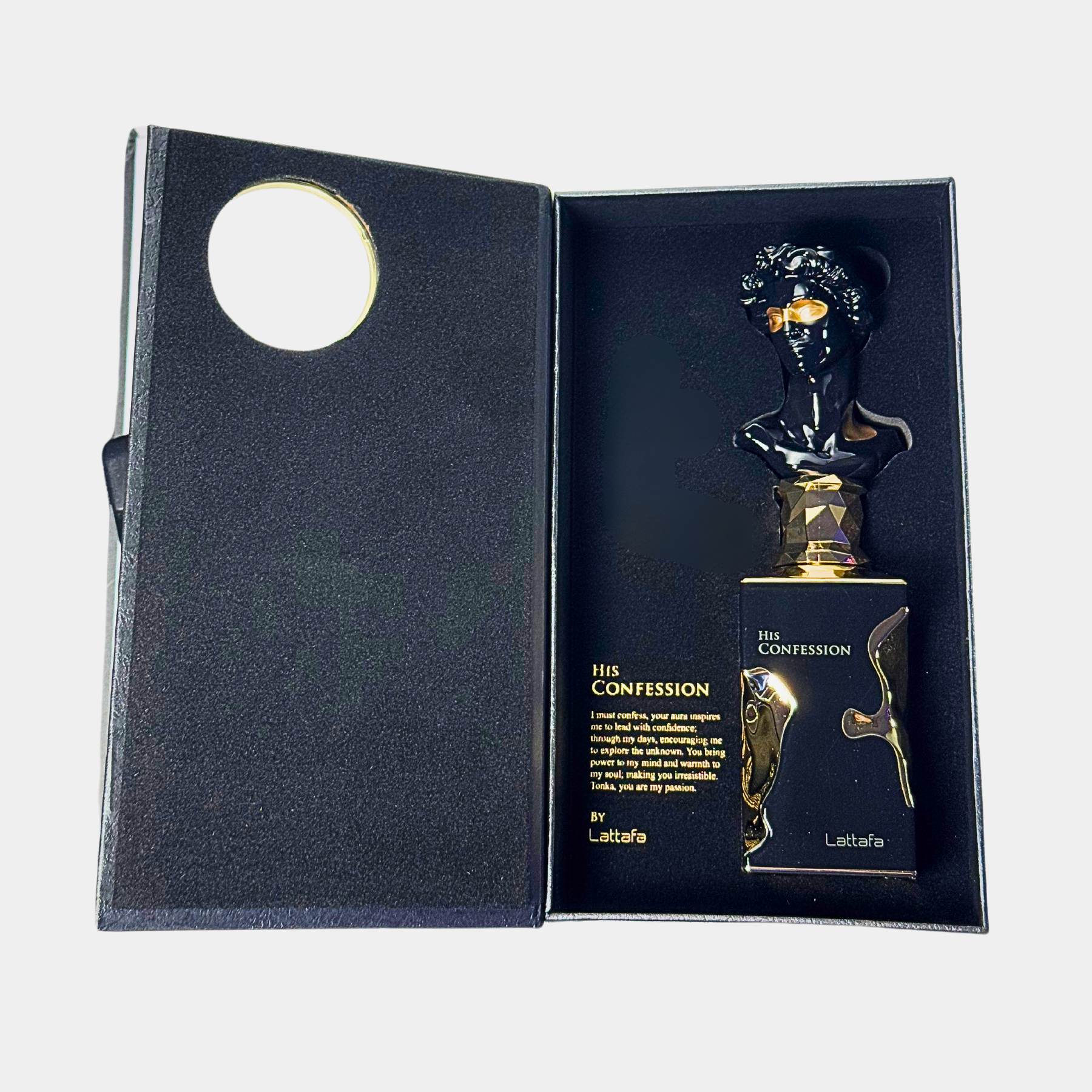 Lattafa His Confession 100ml eau de parfum front view of the bottle