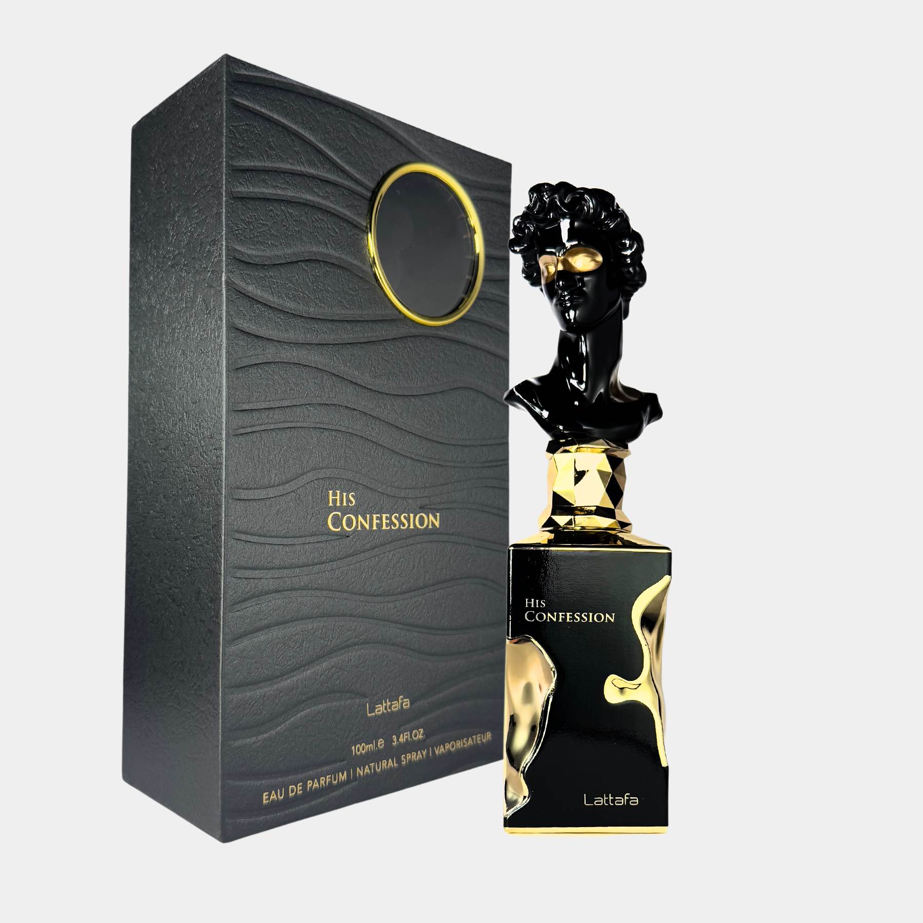 Lattafa His Confession 100ml eau de parfum front view of the bottle and box