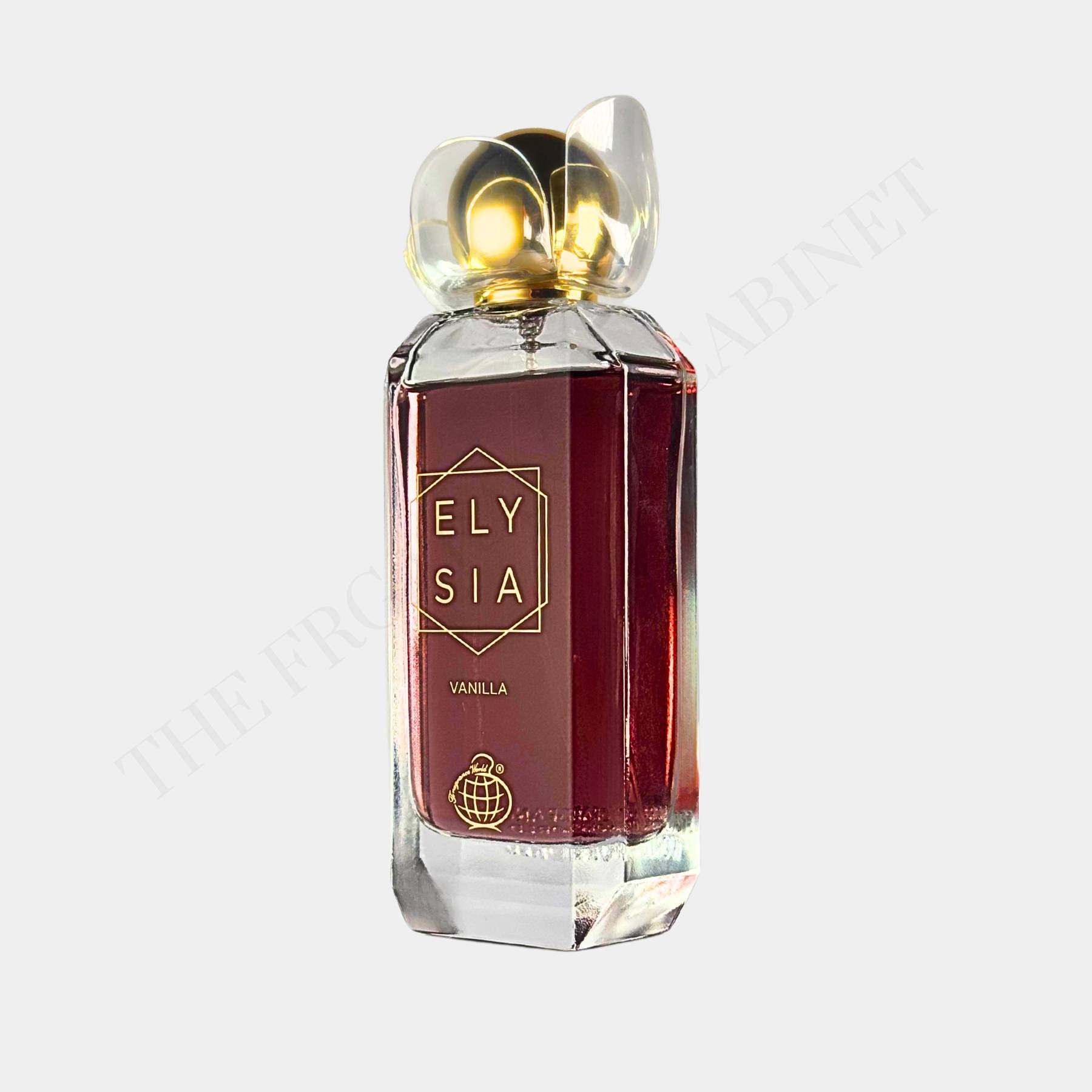 Elysia Vanilla perfume by Fragrance World, 100ml bottle with gold cap on white background
