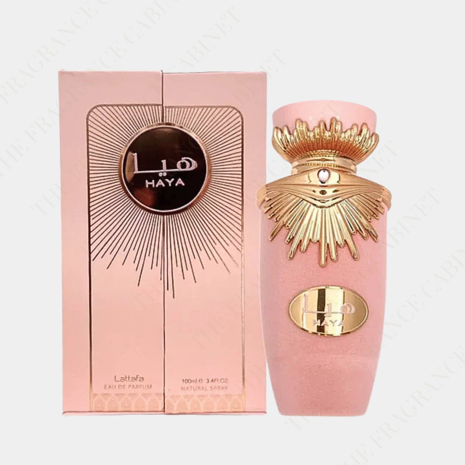 Lattafa Haya 100ml Eau de Parfum for women. Front view of the bottle and box