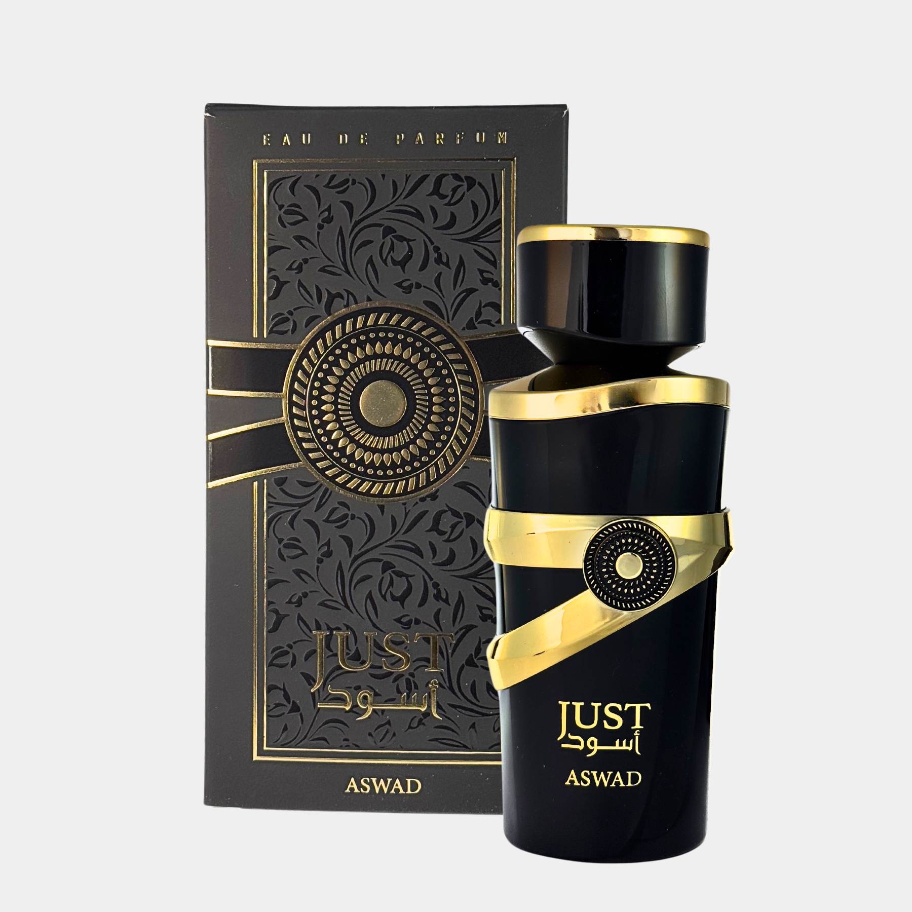 Fragrance world Just Aswad 100ml eau de parfum for men front view of bottle and box