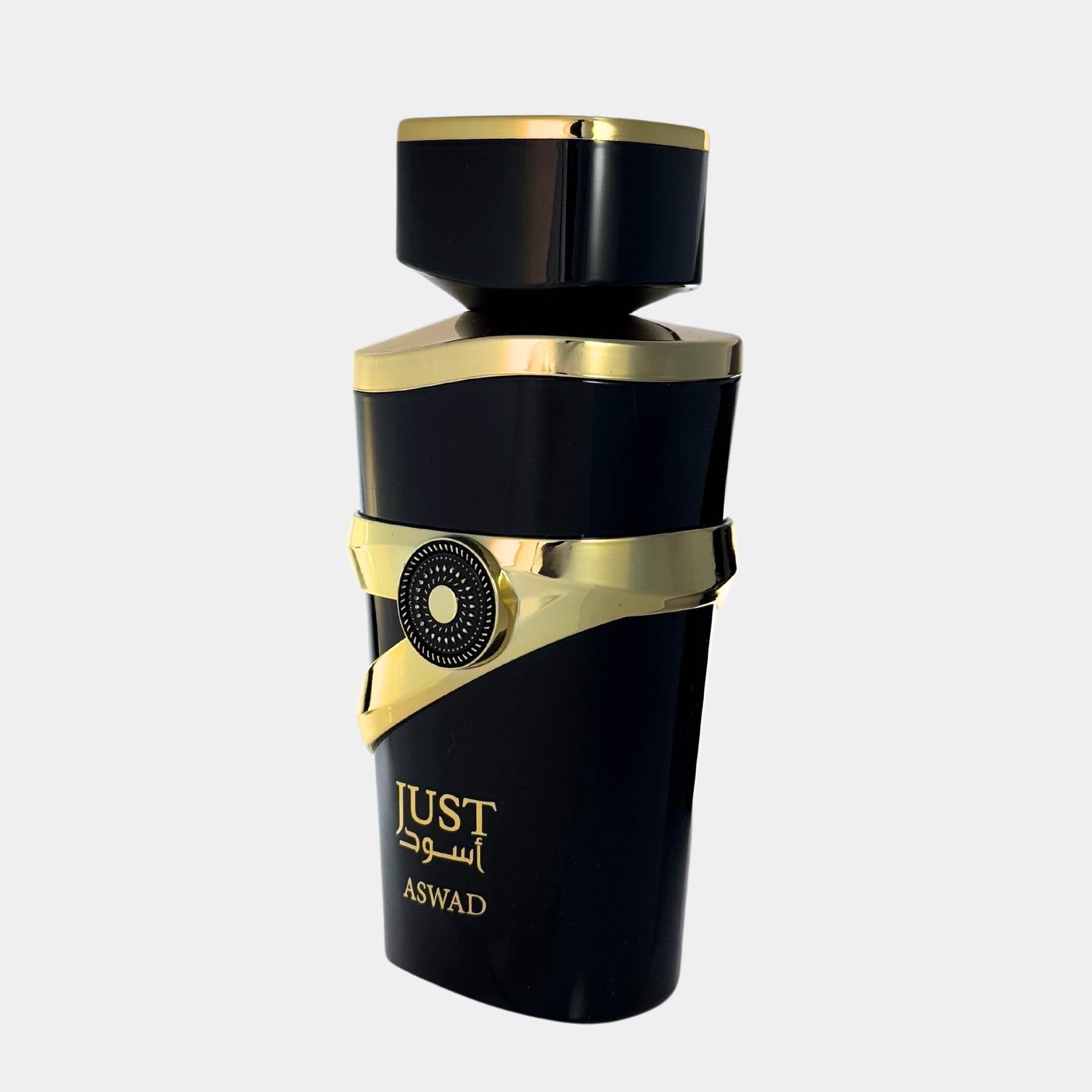 Fragrance world Just Aswad 100ml eau de parfum for men side view of bottle