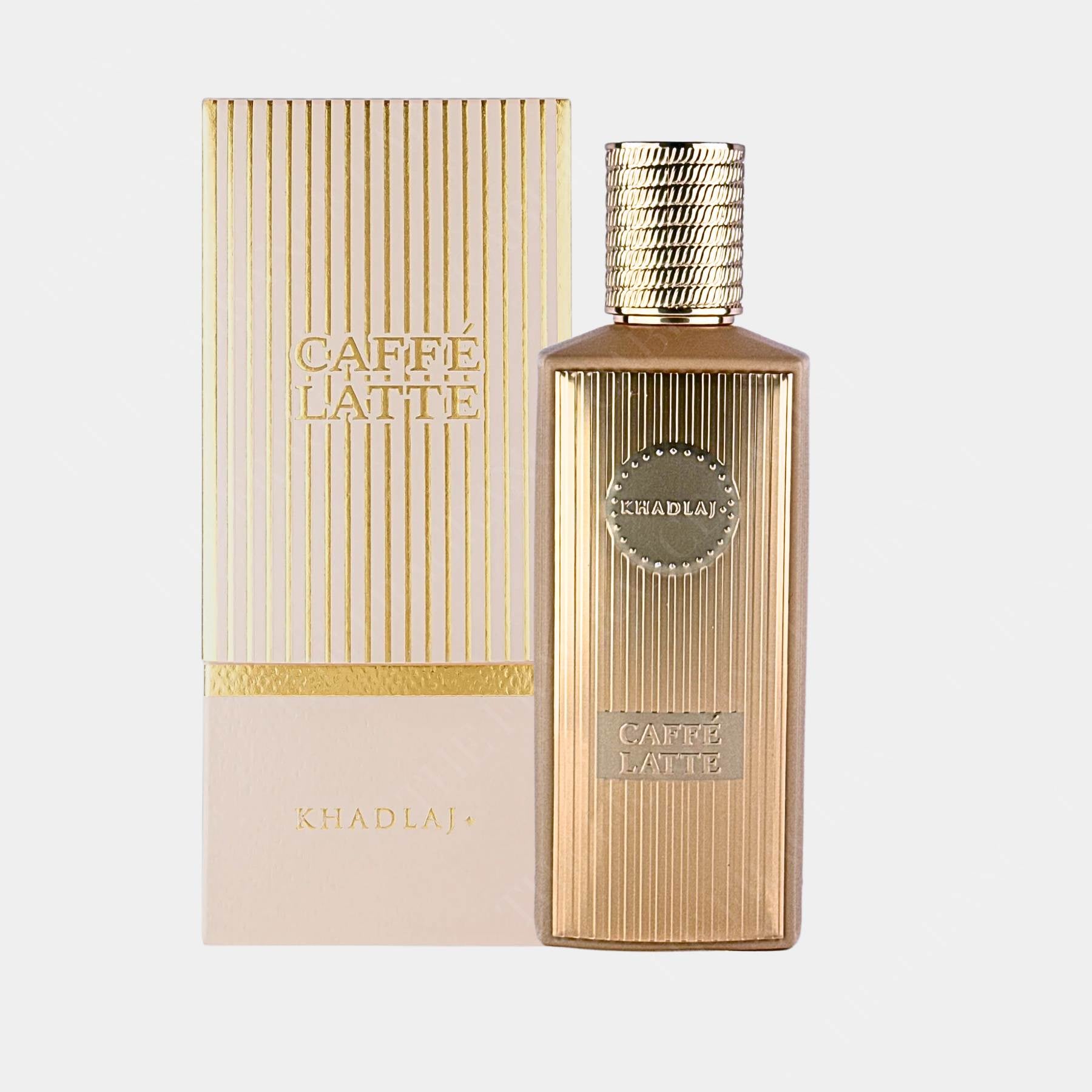 Khadlaj caffe latte 100ml eau de parfum front view of bottle and box