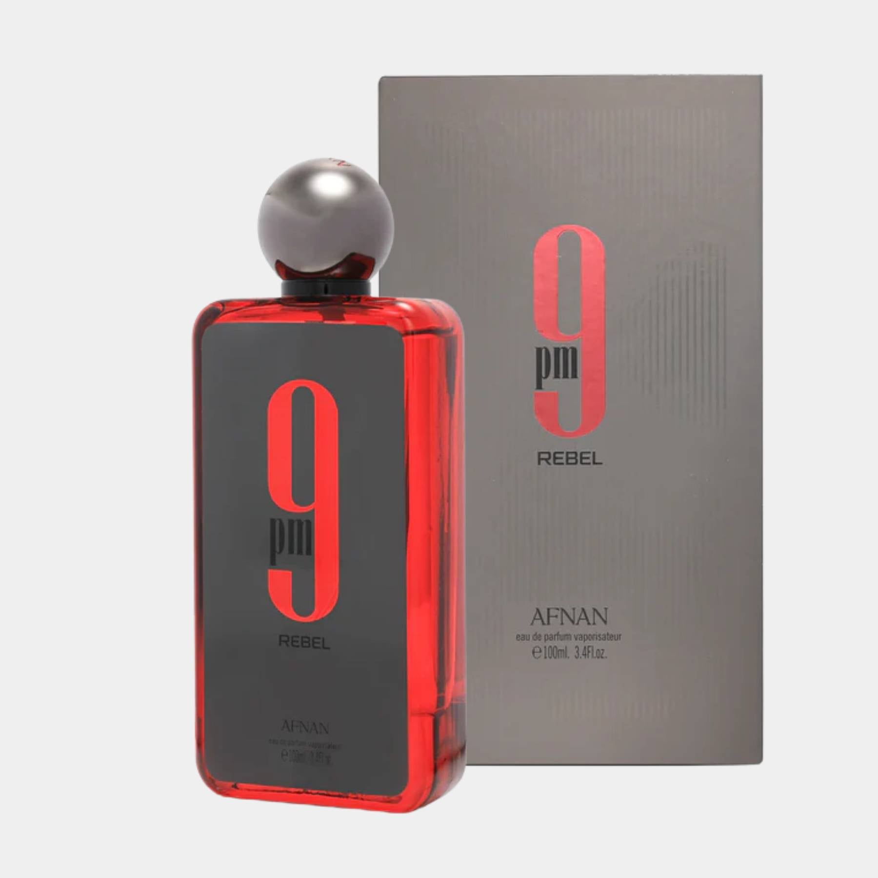 Afnan 9pm Rebel 100ml Eau de Parfum front view with bottle and box