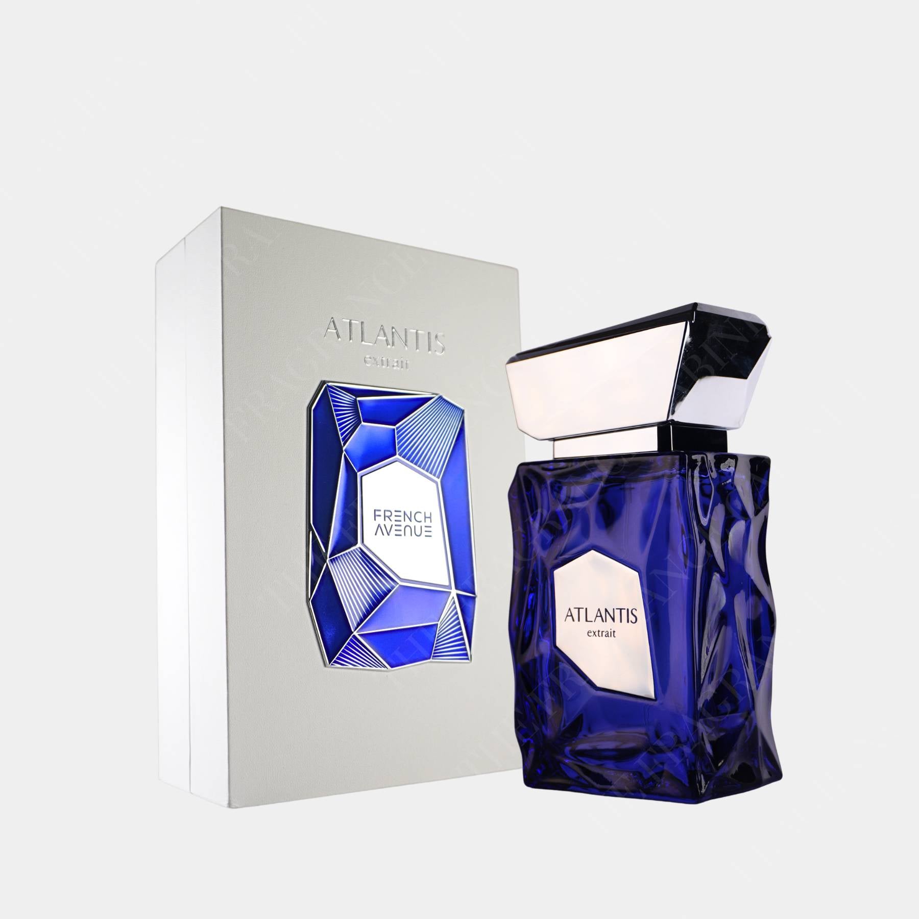 French Avenue Atlantis Extrait 100ml Extrait de Parfum front view of bottle and box, side on.