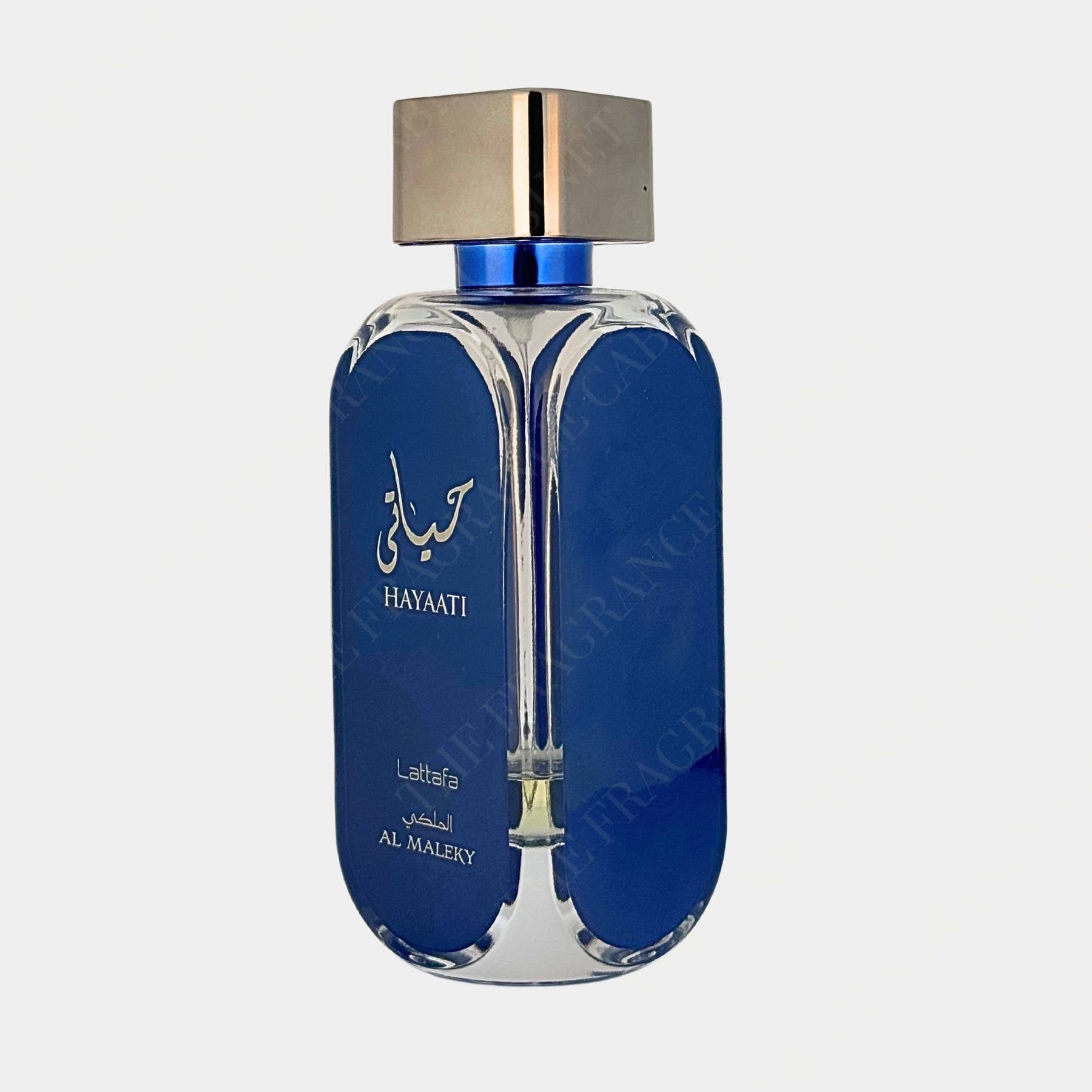 Lattafa Hayaati Al Maleky 100ml eau de parfum for men. Front view of bottle, side on.
