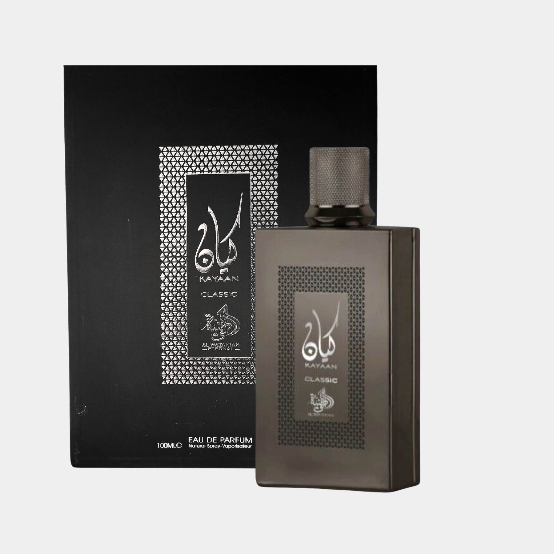Al Wataniah kayaan classic 100ml eau de parfum for men front view of the bottle and box