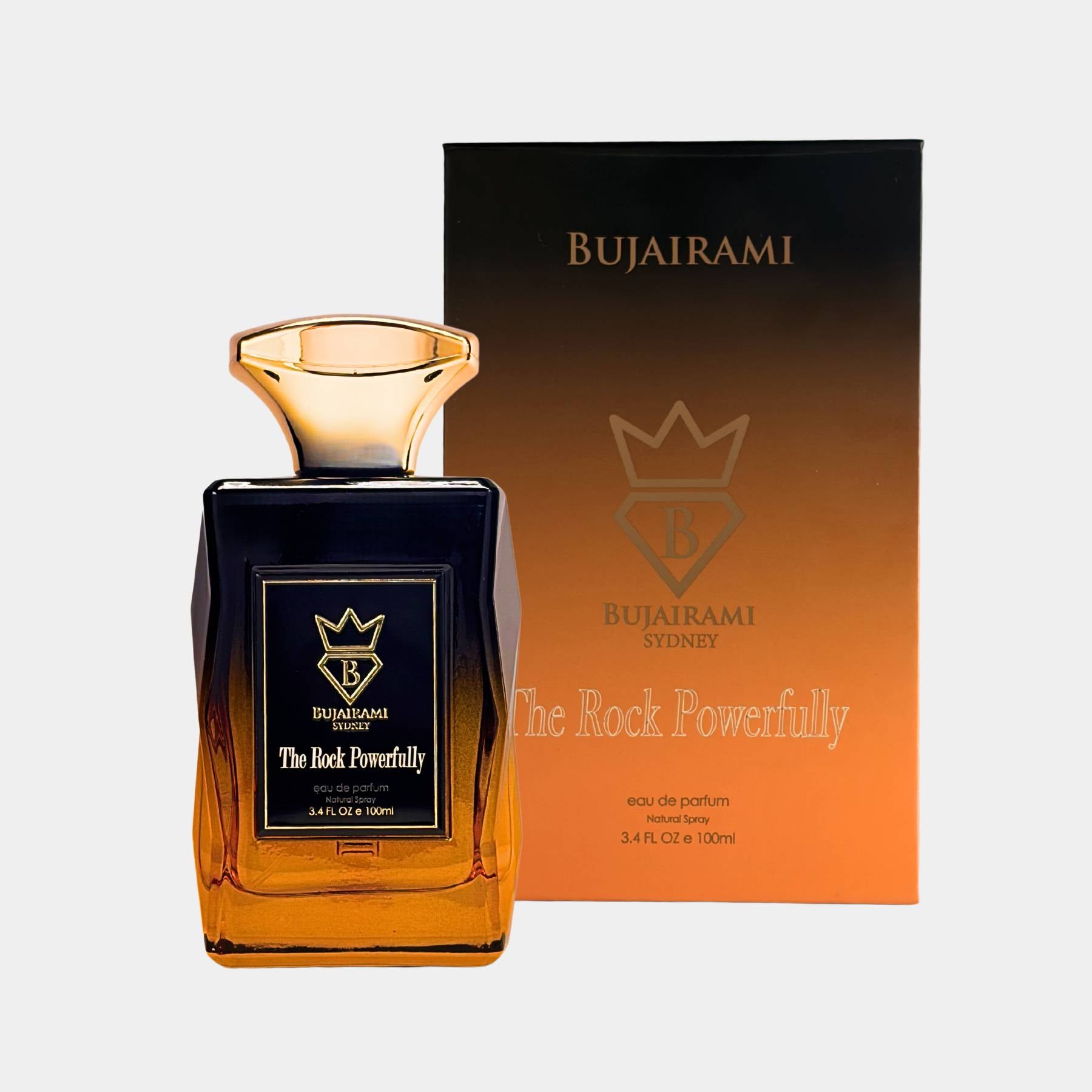 Bujairami The rock powerfully 100ml eau de parfum front view with box