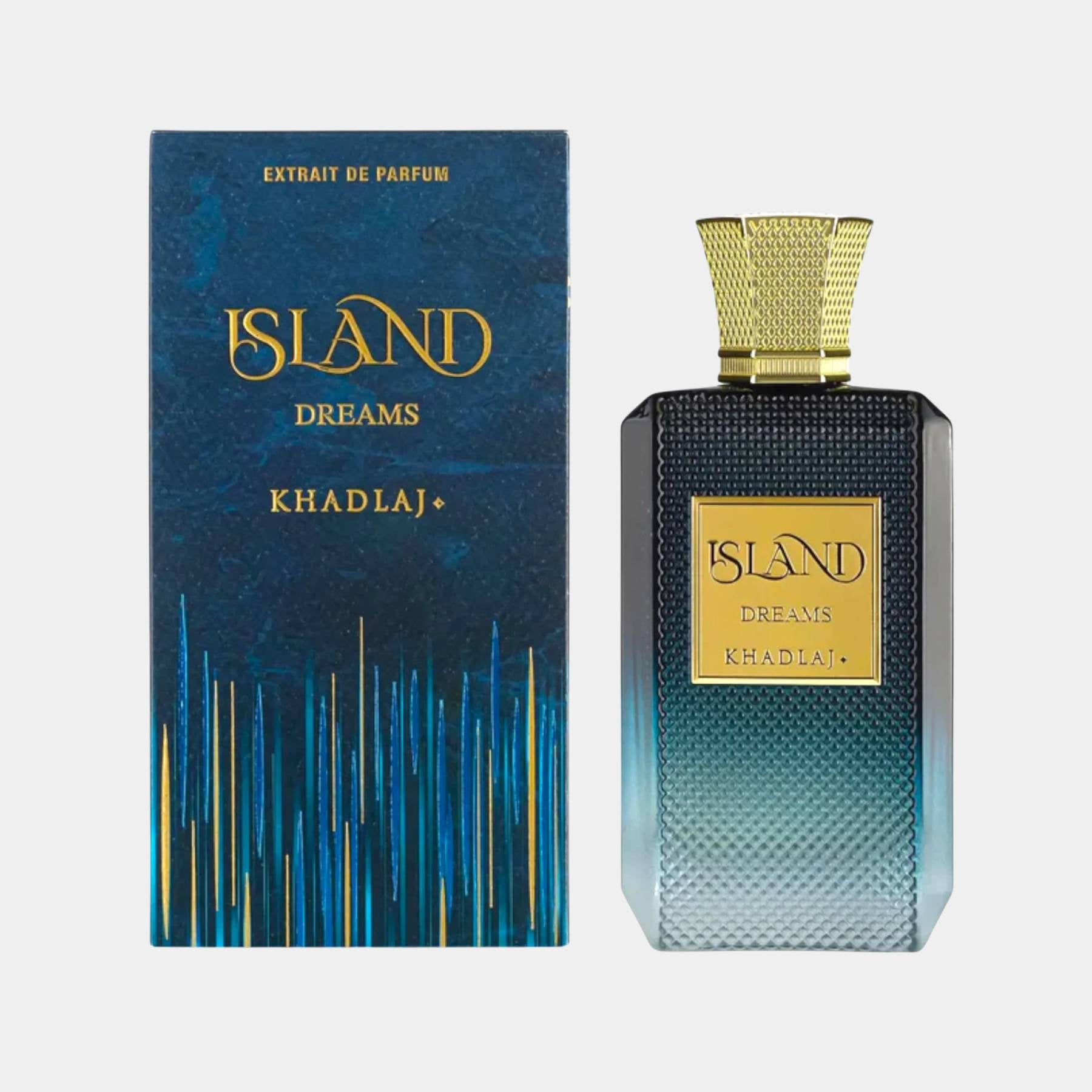 Khadlaj Island Dreams 100ml Extrait de Parfum front view of bottle and front view of box