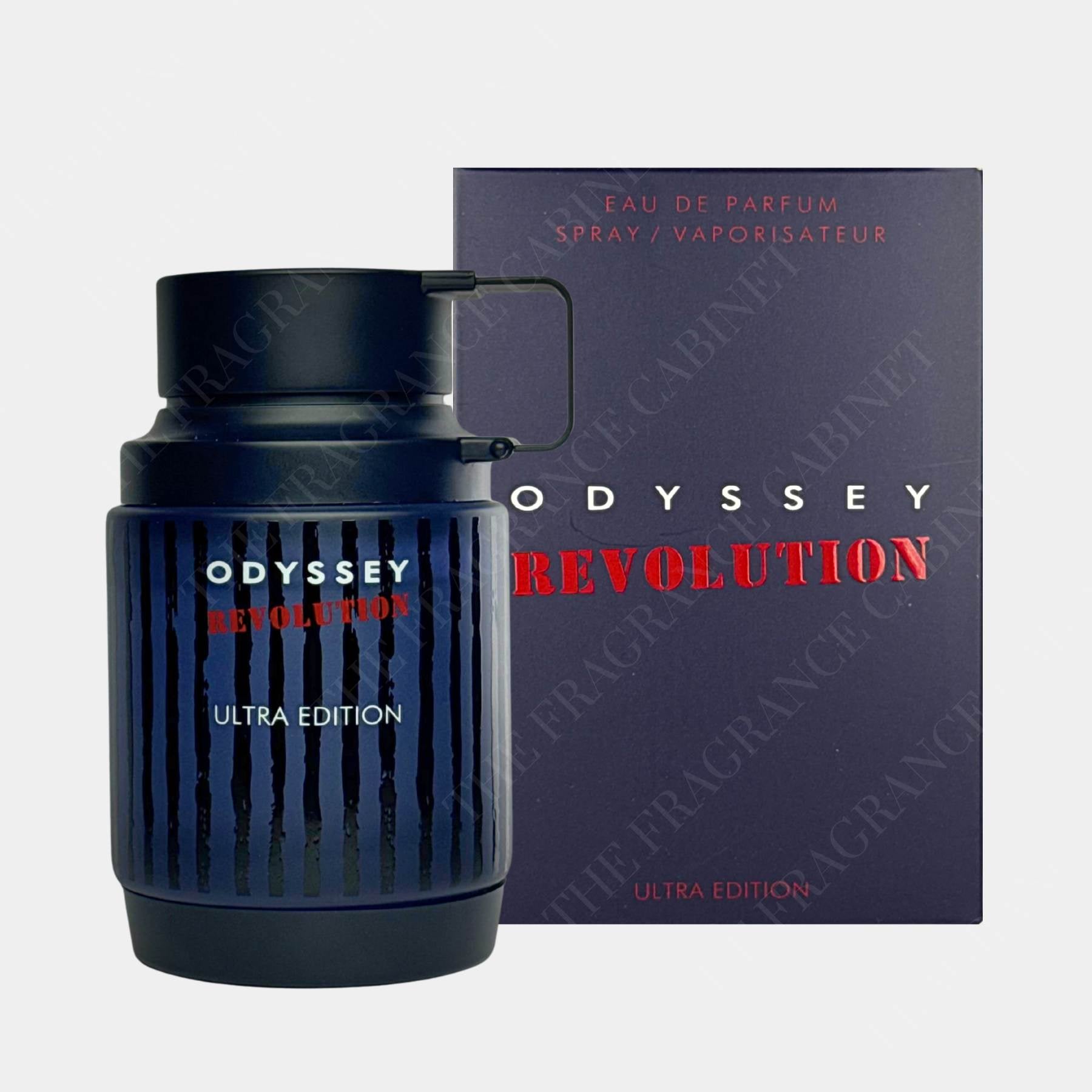 Armaf odyssey revolution 100ml eau de parfum for men and women, front view of bottle and box