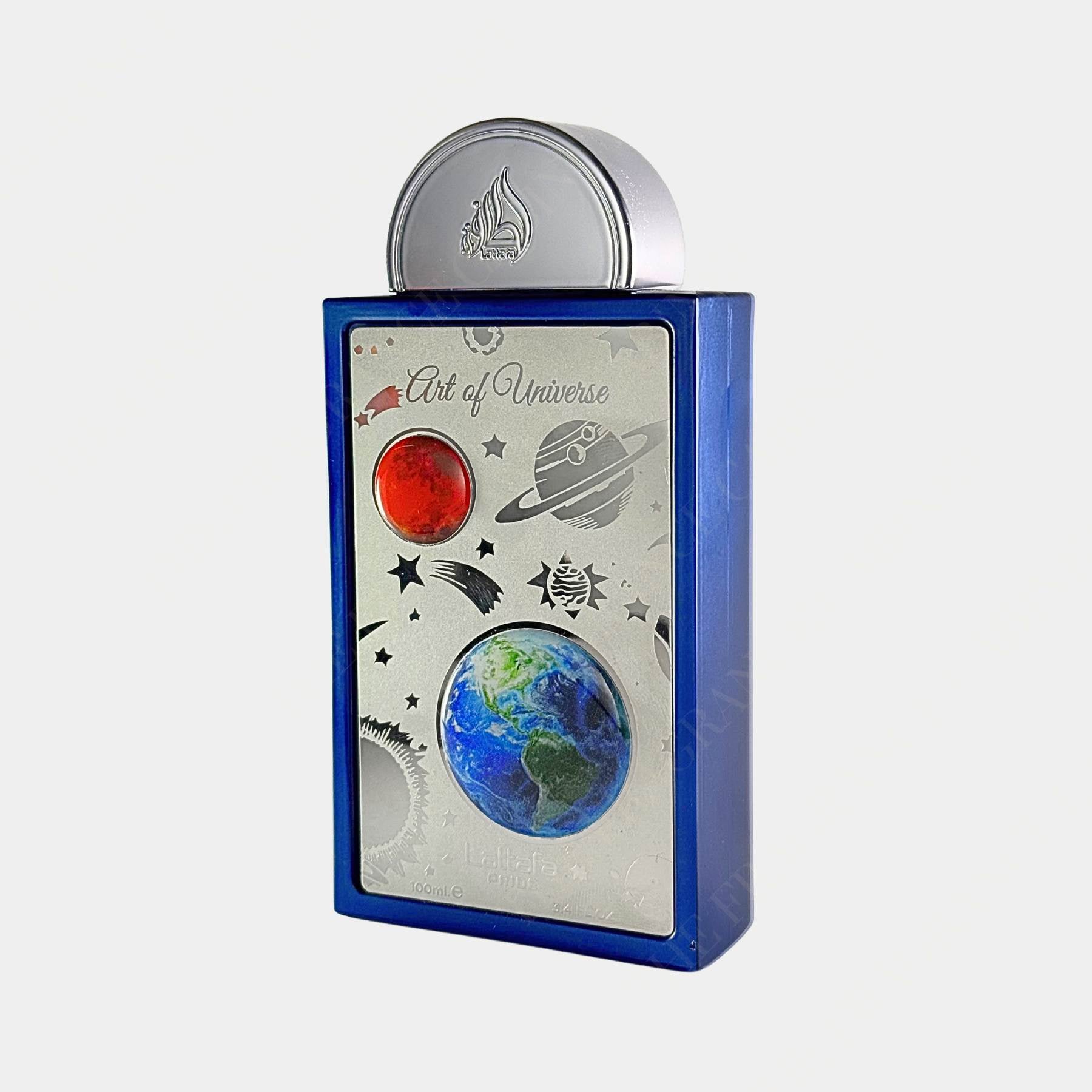 lattafa art of universe 100ml eau de parfum for men front view of bottle, side on