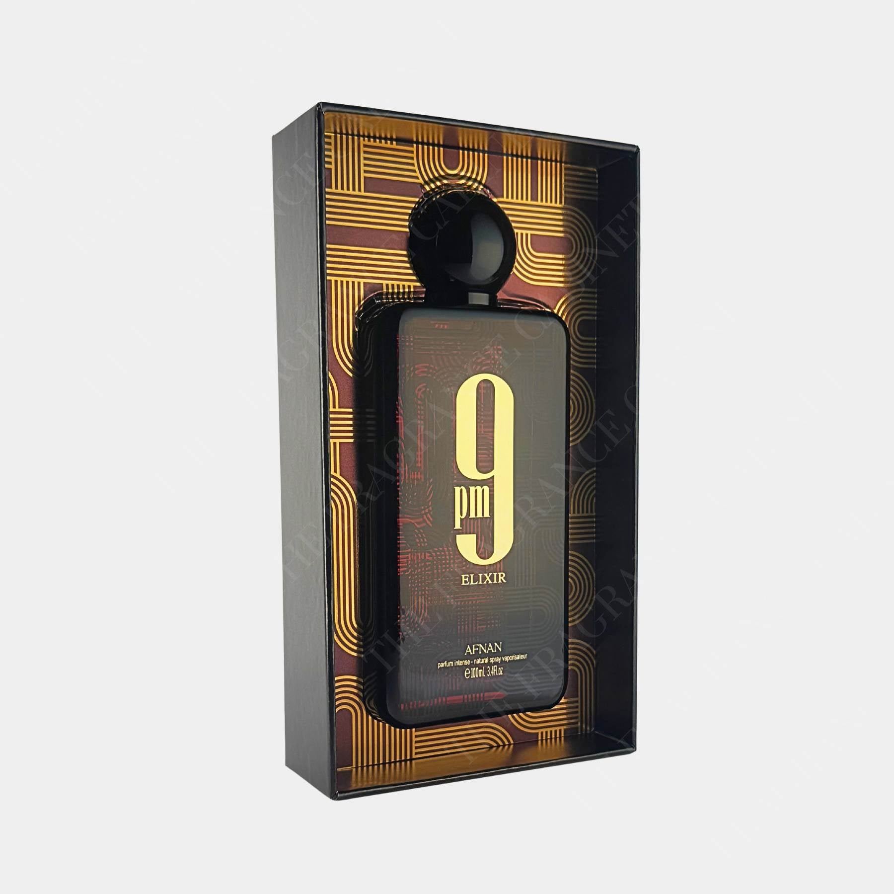 Afnan 9pm elixir 100ml eau de parfum for men, front view of bottle side on in box