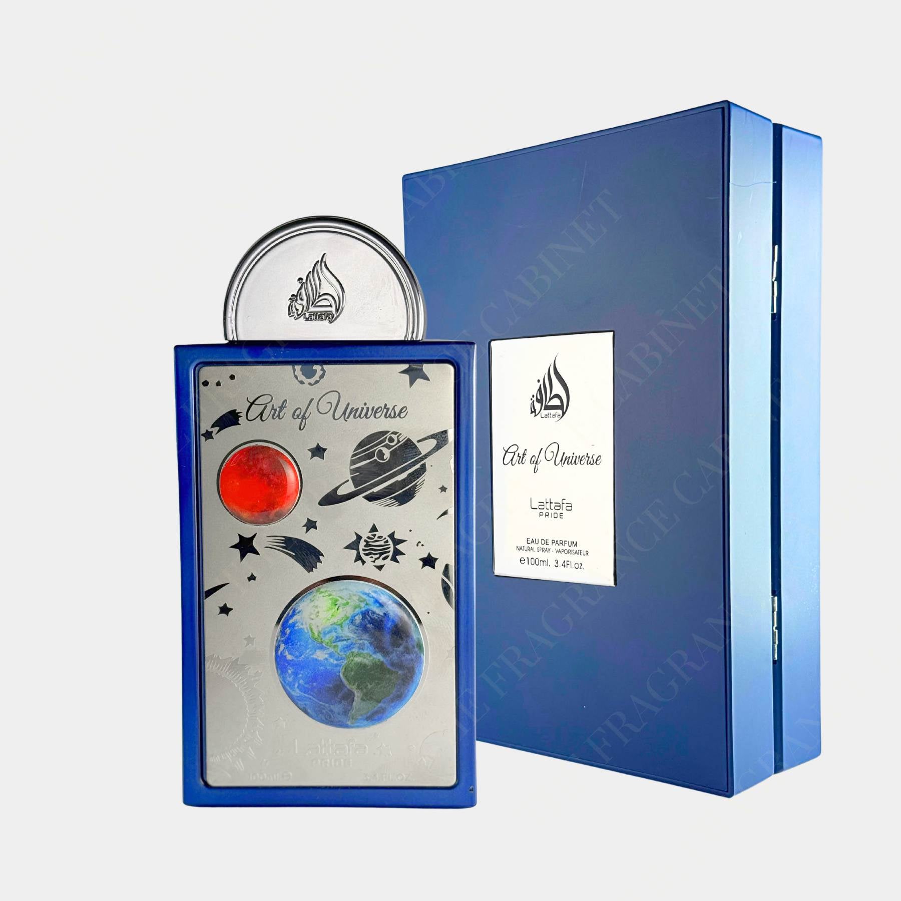 lattafa art of universe 100ml eau de parfum for men front view of bottle and box