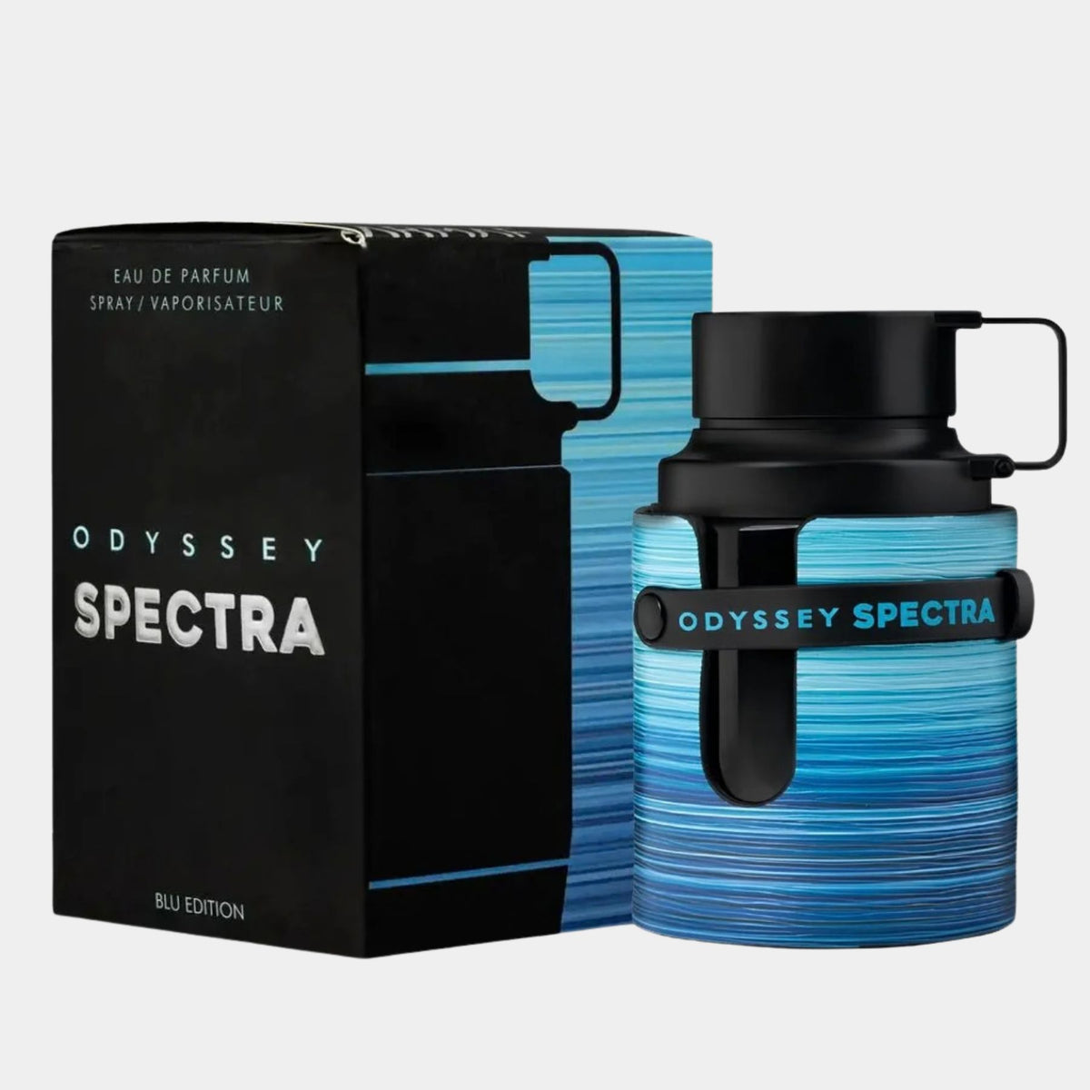 Armaf Odyssey Spectra Blu 100ml eau de parfum front view of bottle and box.