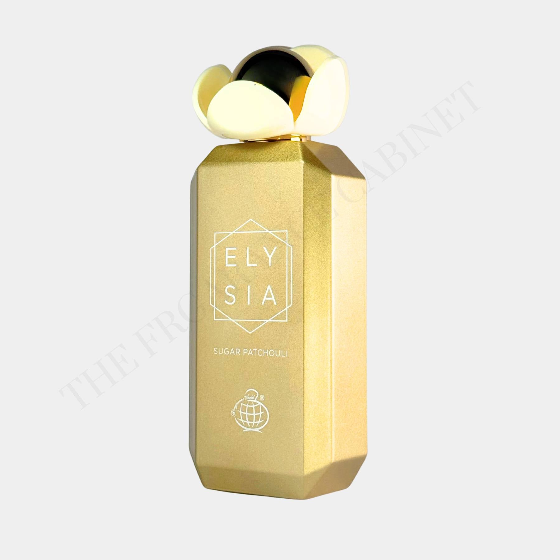Fragrance World Elysia Sugar Patchouli 100ml Eau de Parfum. Front View of bottle, side on