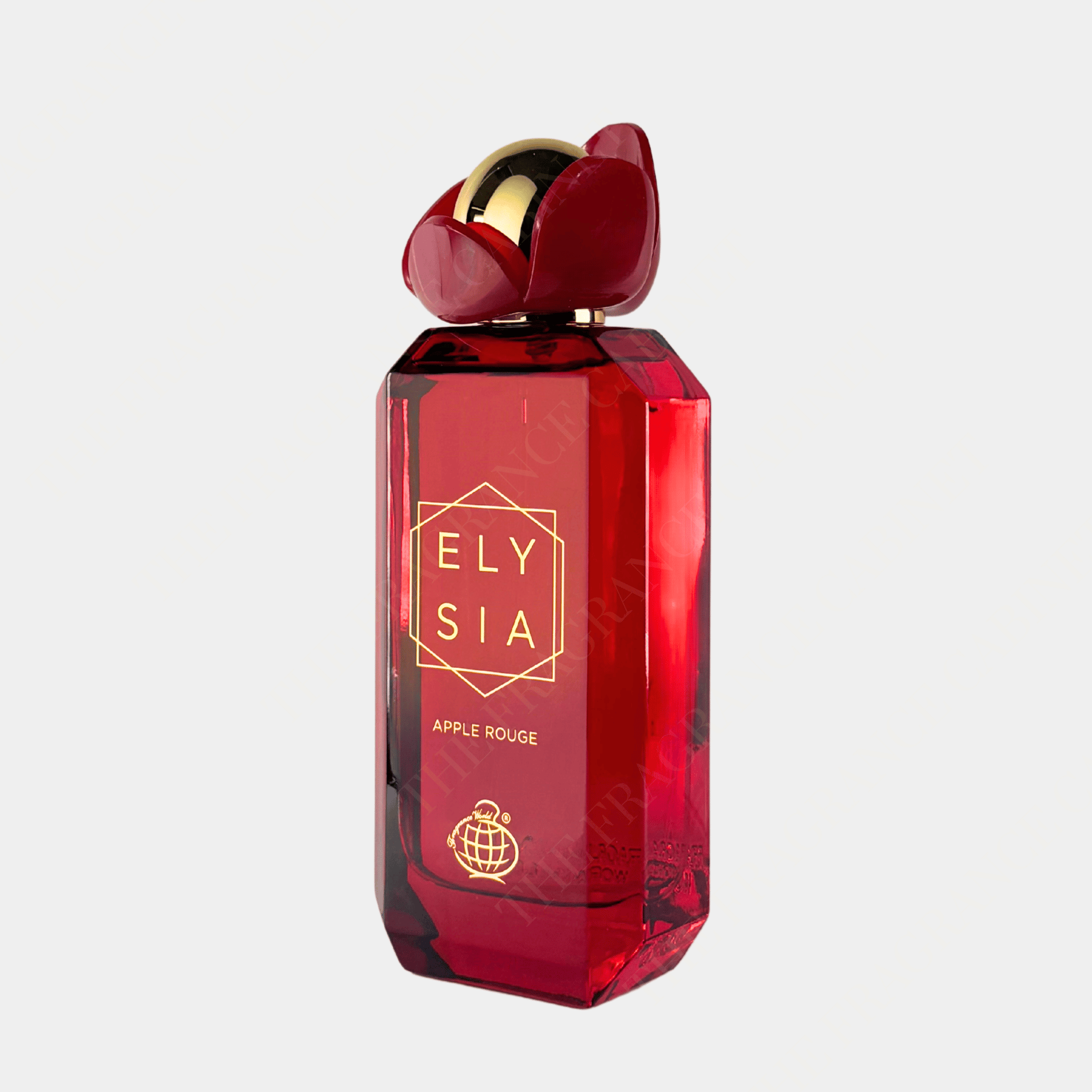 Fragrance World Elysia Apple Rouge 100ml eau de parfum for men and women front view of bottle, Side one