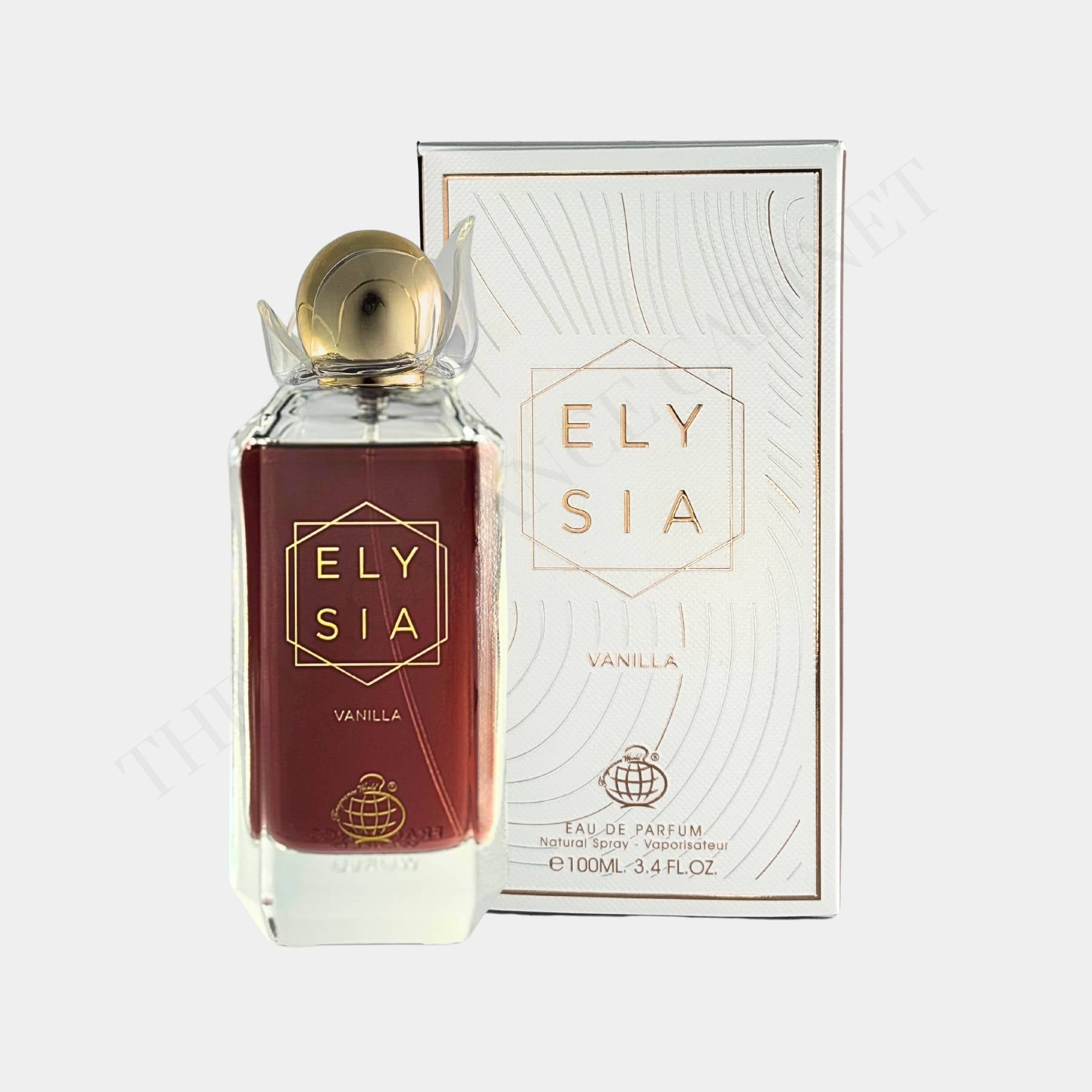 Elysia Vanilla by Fragrance World perfume bottle with outer box, floral gourmand scent
