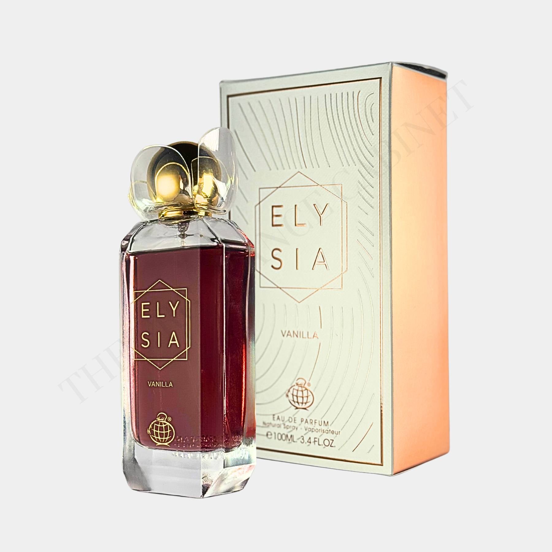 Elysia Vanilla perfume by Fragrance World, 100ml bottle and packaging angled view