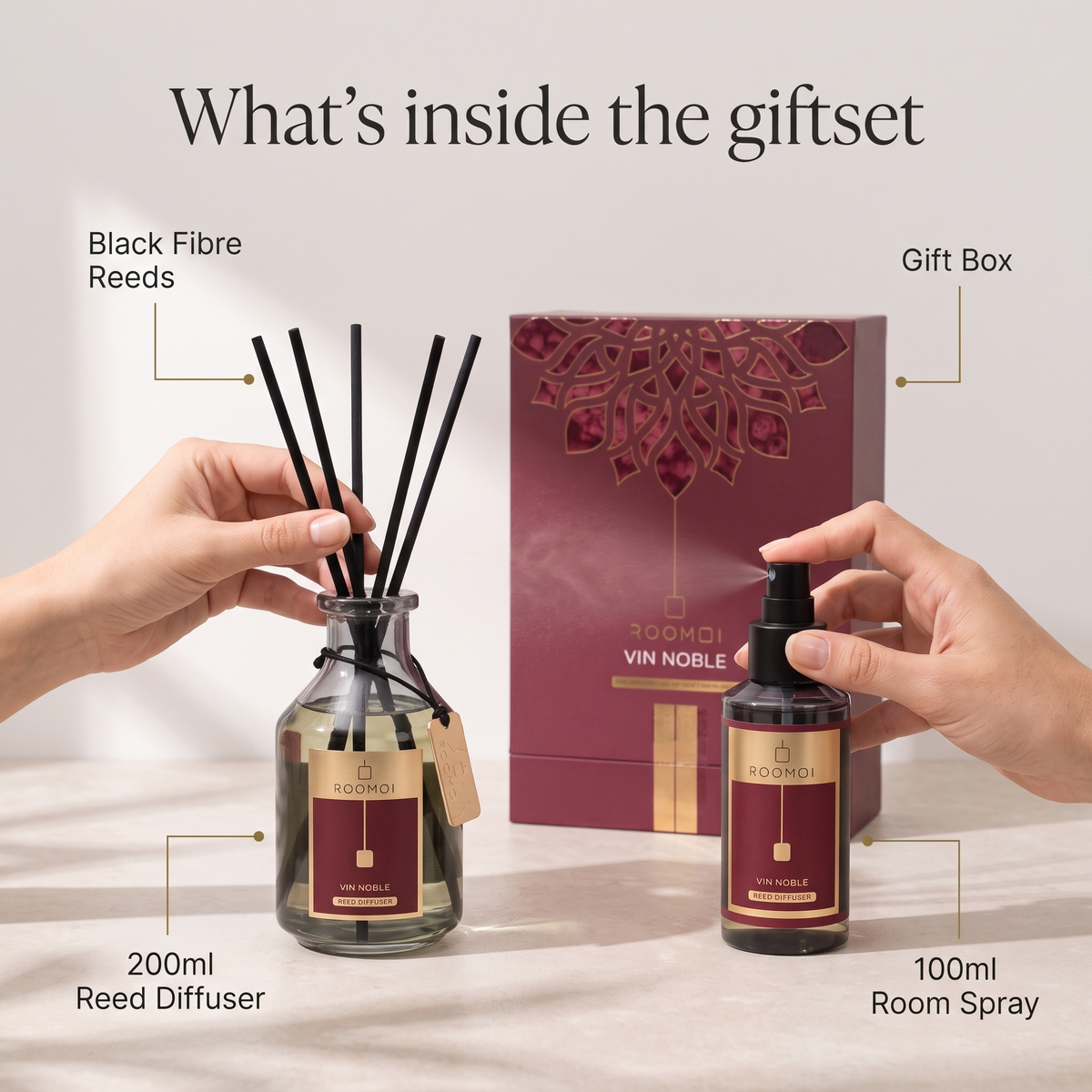 What inside the box. Roomoi giftset Vin Noble 200ml reed diffuser and 100ml room spray
