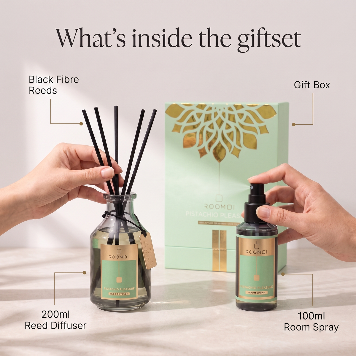 Roomoi 200ml reed diffuser and 100ml room spray, whats inside the box. Pisatchio pleasure.