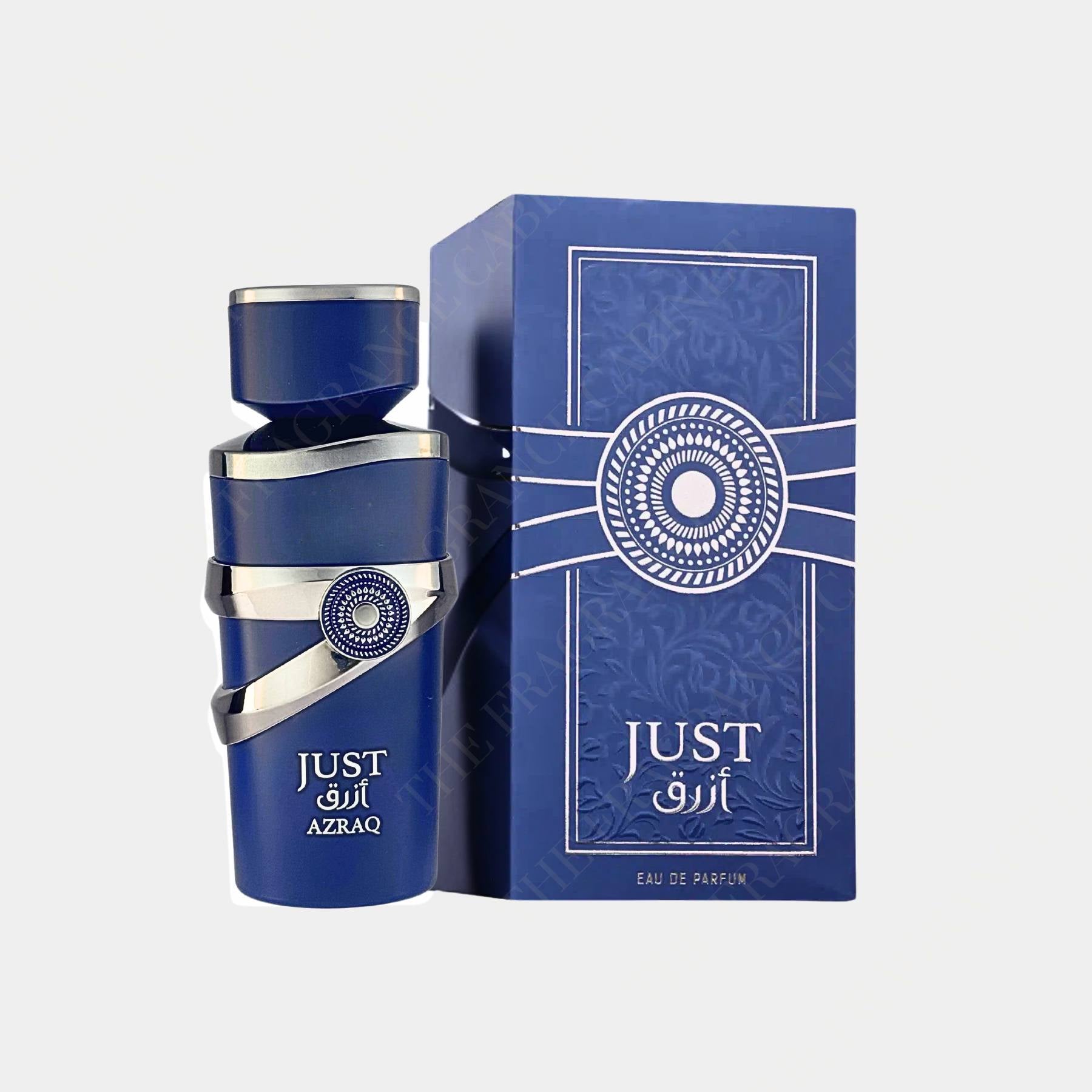 Fragrance World Just Azraq 100ml eau de parfum for men. Front view of the bottle and box