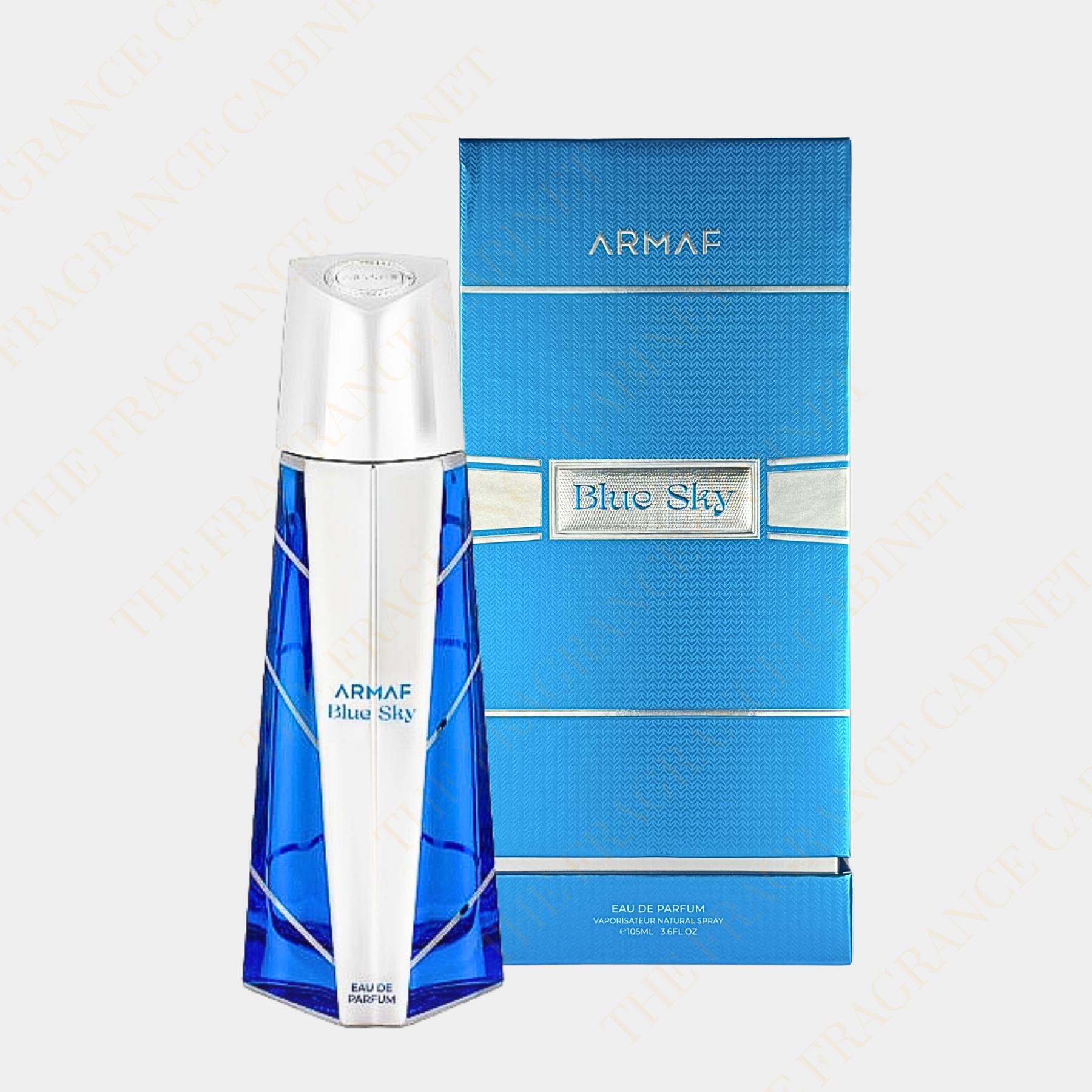 Armaf Sky Blue 100ml Eau de Parfum for him. Front view of bottle and box
