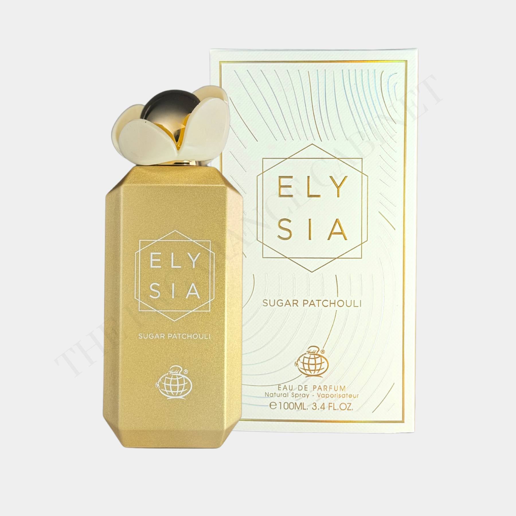 Fragrance World Elysia Sugar Patchouli 100ml Eau de Parfum. Front View of bottle and box