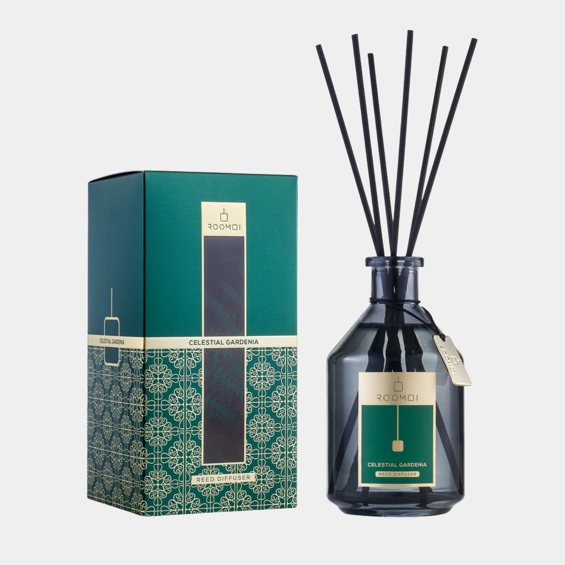 Roomoi Celestial Gardenia 500ml Reed Diffuser, Packaging and Sticks.
