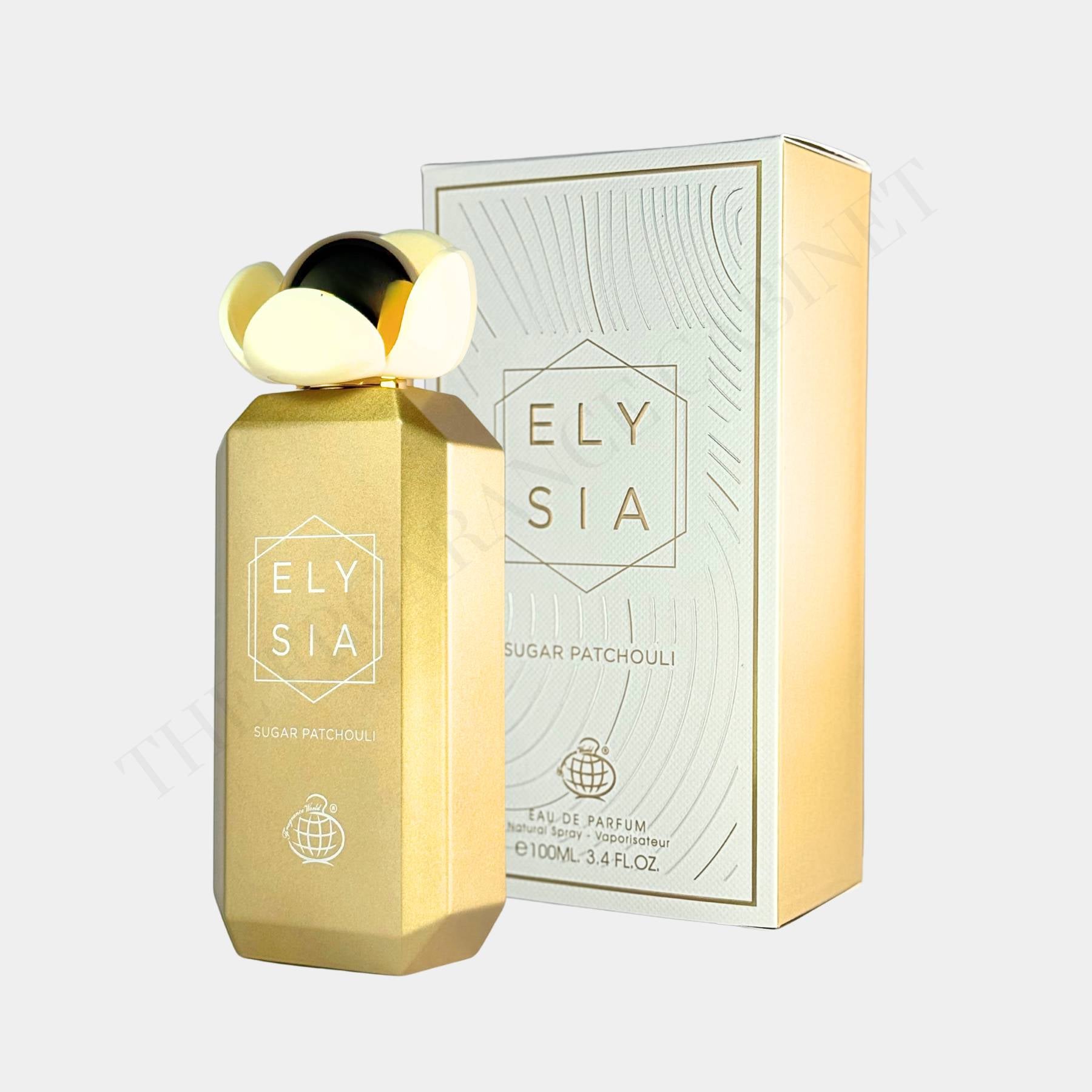 Fragrance World Elysia Sugar Patchouli 100ml Eau de Parfum. Front View of bottle and box 