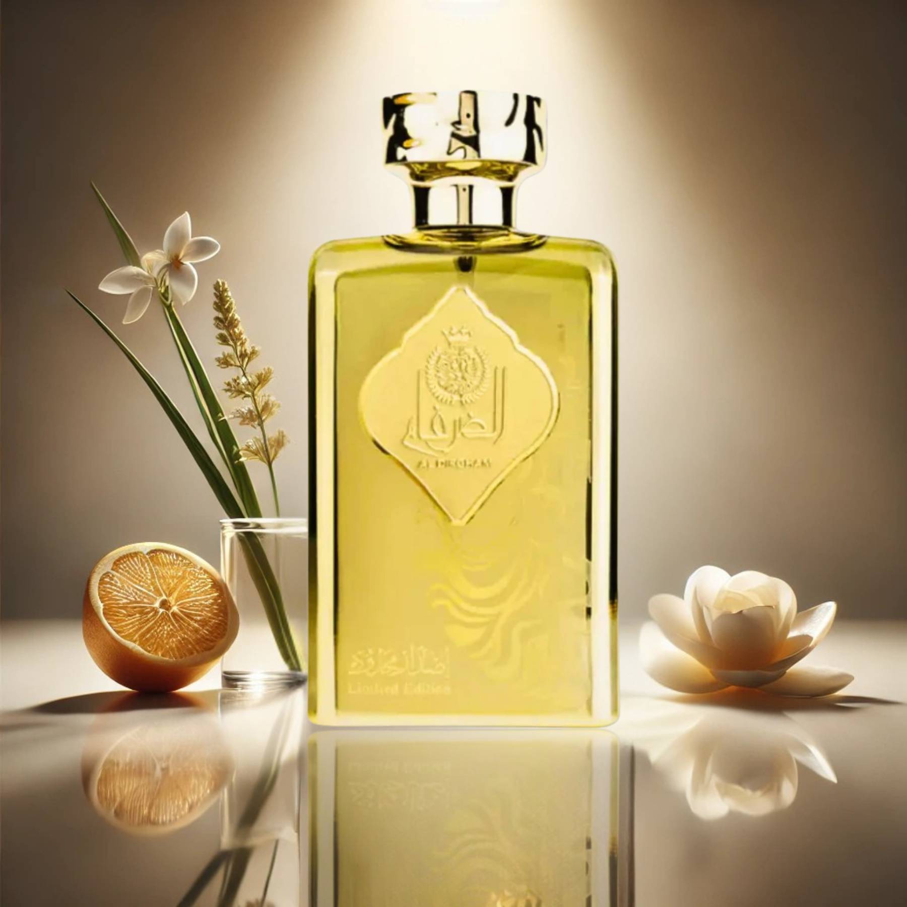 Ard Al Zaafaran Al Dirgham Limited Edition 100ml Eau De Parfum With orange and florals, soft lit background 