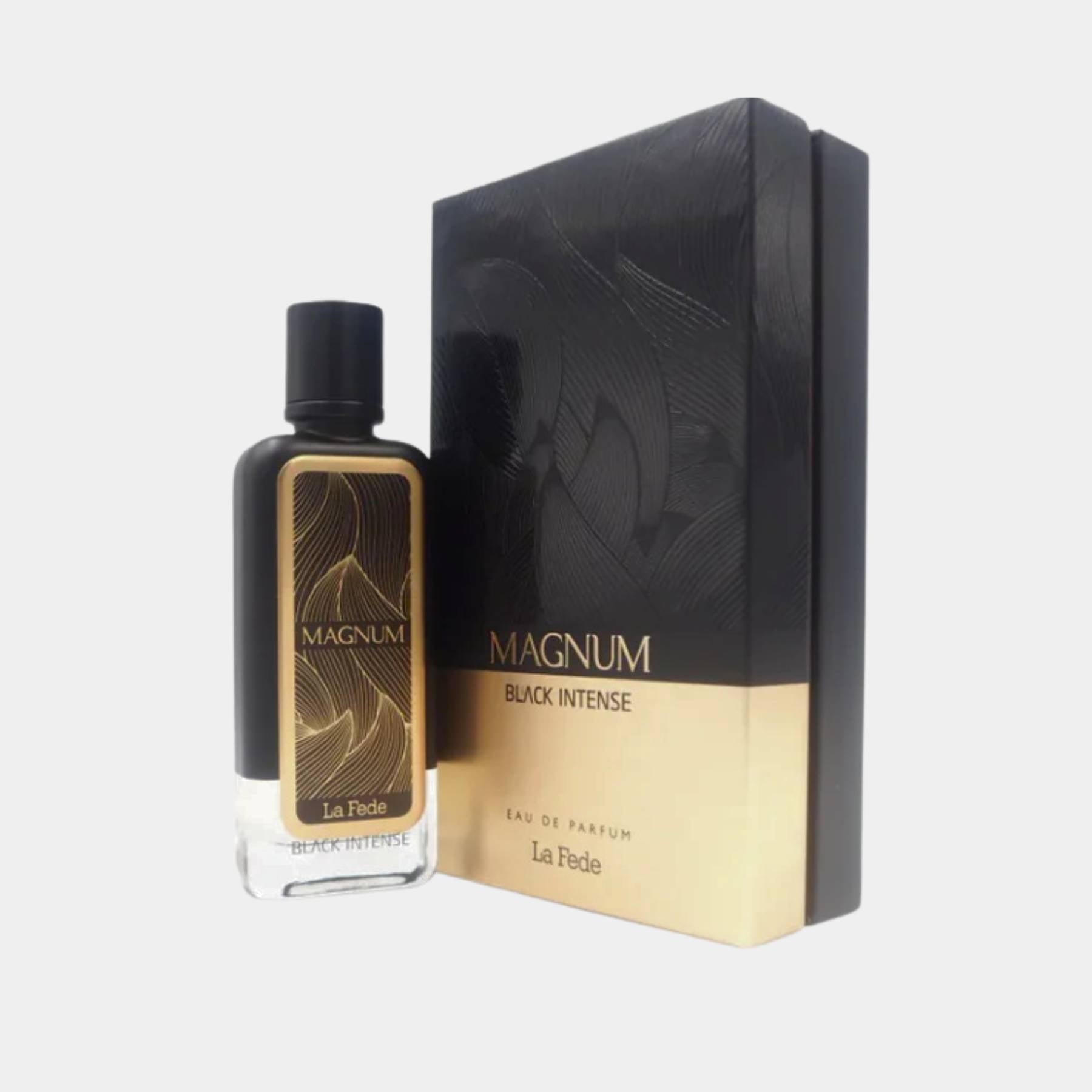 Khadlaj Le Feda Magnum Black Intense 100ml eau de parfum for men front view with bottle and box
