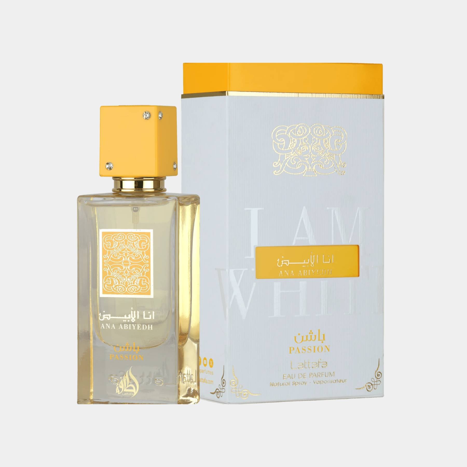 lattafa ana abiyedh passion box and bottle