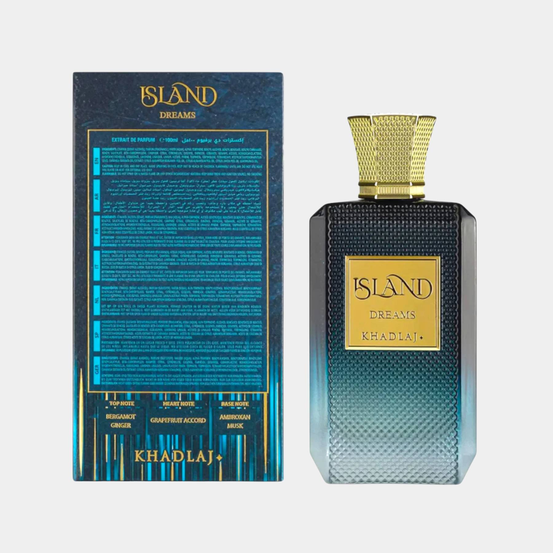 Khadlaj Island Dreams 100ml Extrait de Parfum front view of bottle and back of box