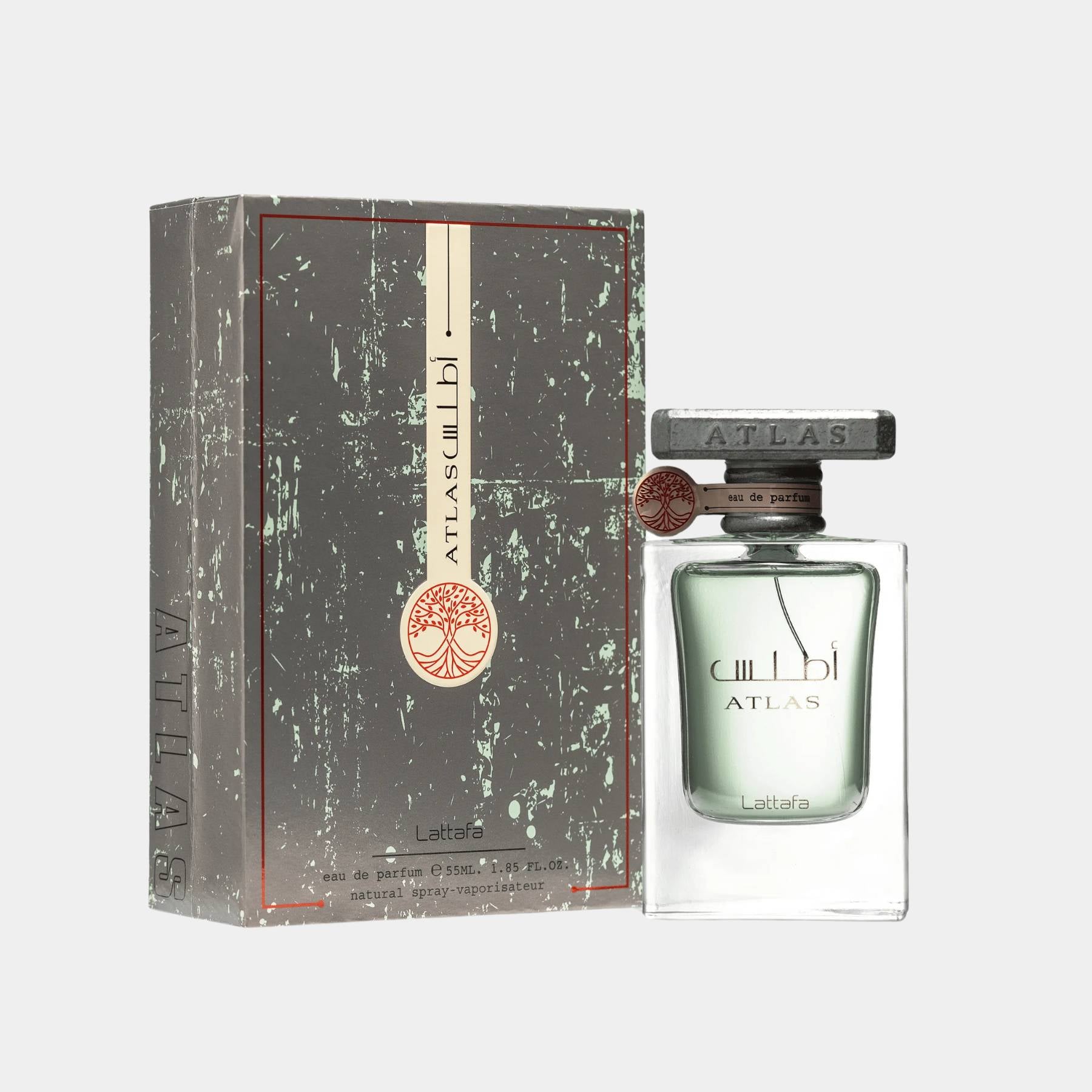 Lattafa Atlas 55ml eau de parfum front view of bottle and box