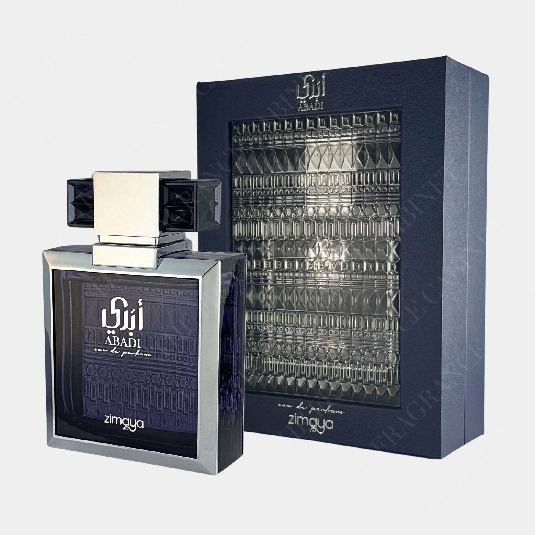 Zimaya Abadi Opulent 100ml Eau de Parfum front view of bottle and box side on