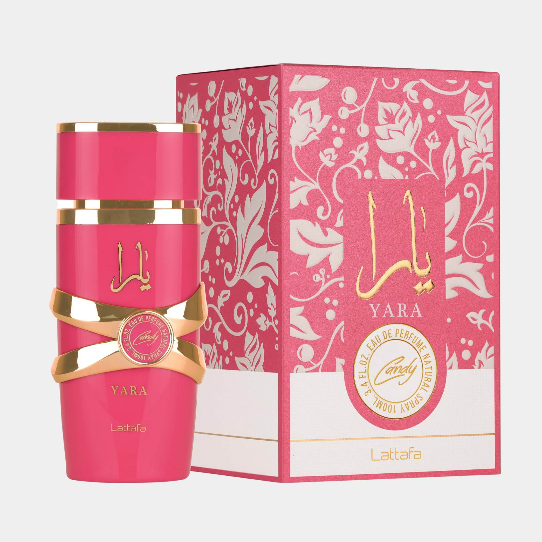 Lattafa Yara Candy 100ml eau de parfum front view bottle and box