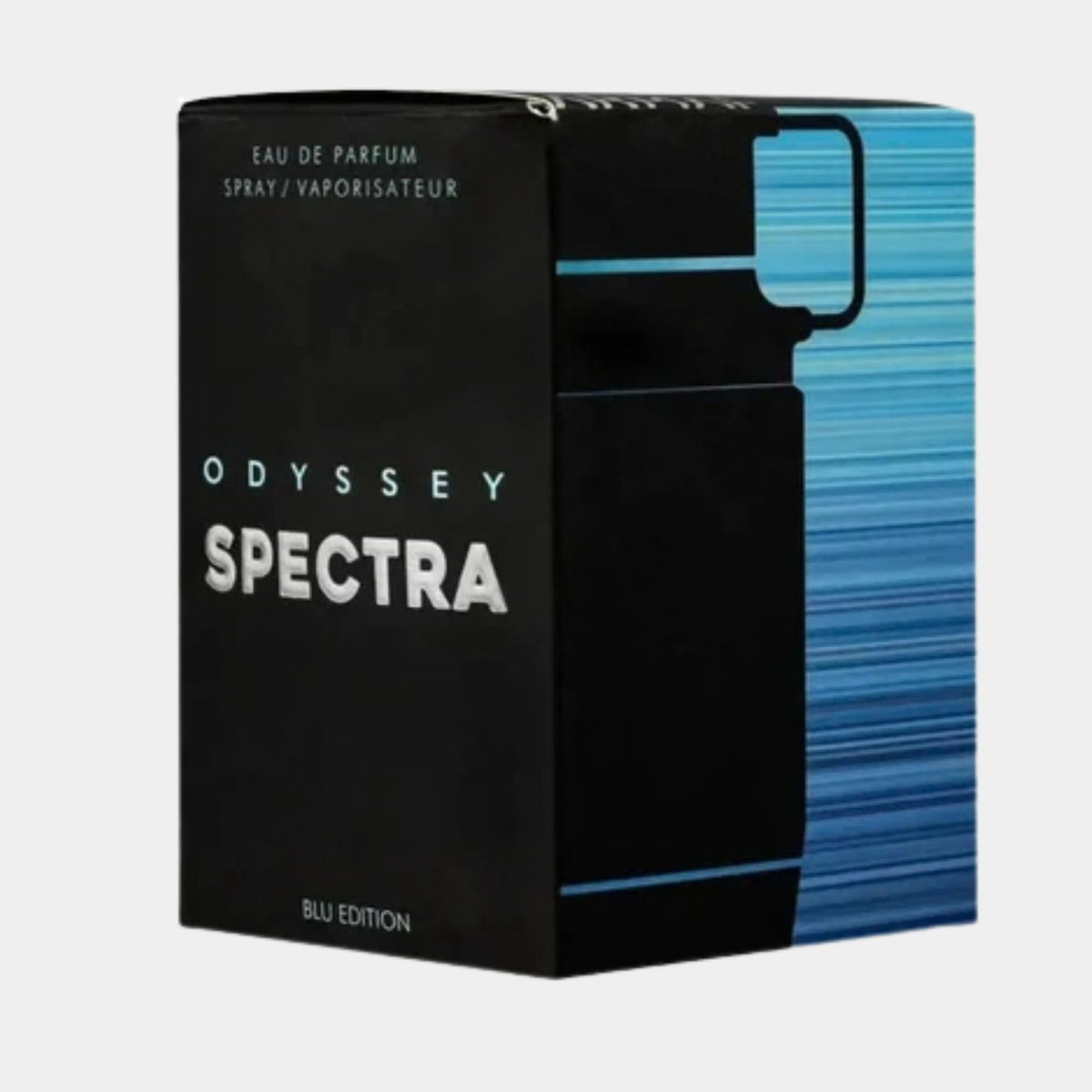 Armaf Odyssey Spectra Blu 100ml eau de parfum front view of black and blue box.
