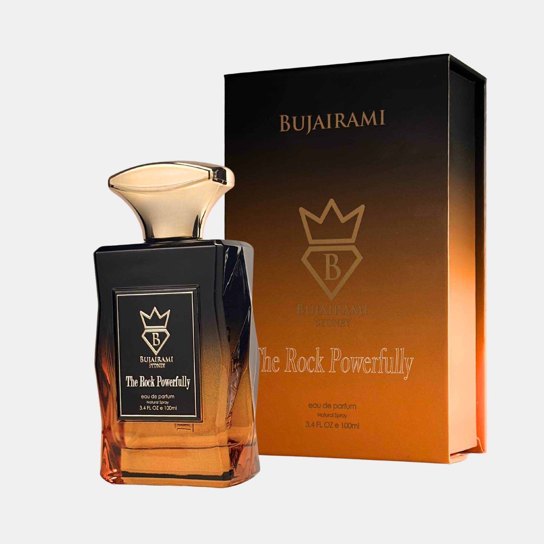 Bujairami The rock powerfully 100ml eau de parfum front view with box side on 