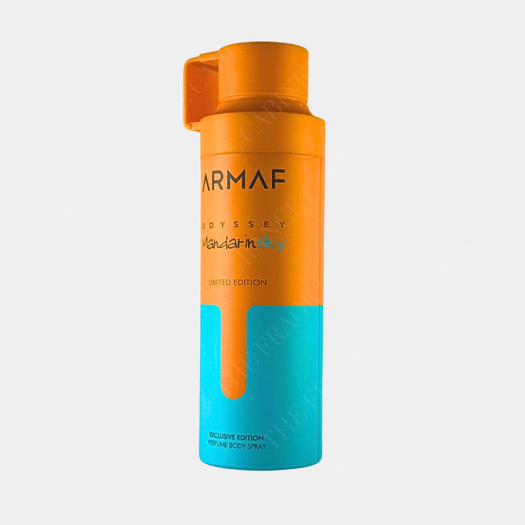 Armaf Odyssey Mandarin Sky 200ml Body Spray Front View of bottle, Side On