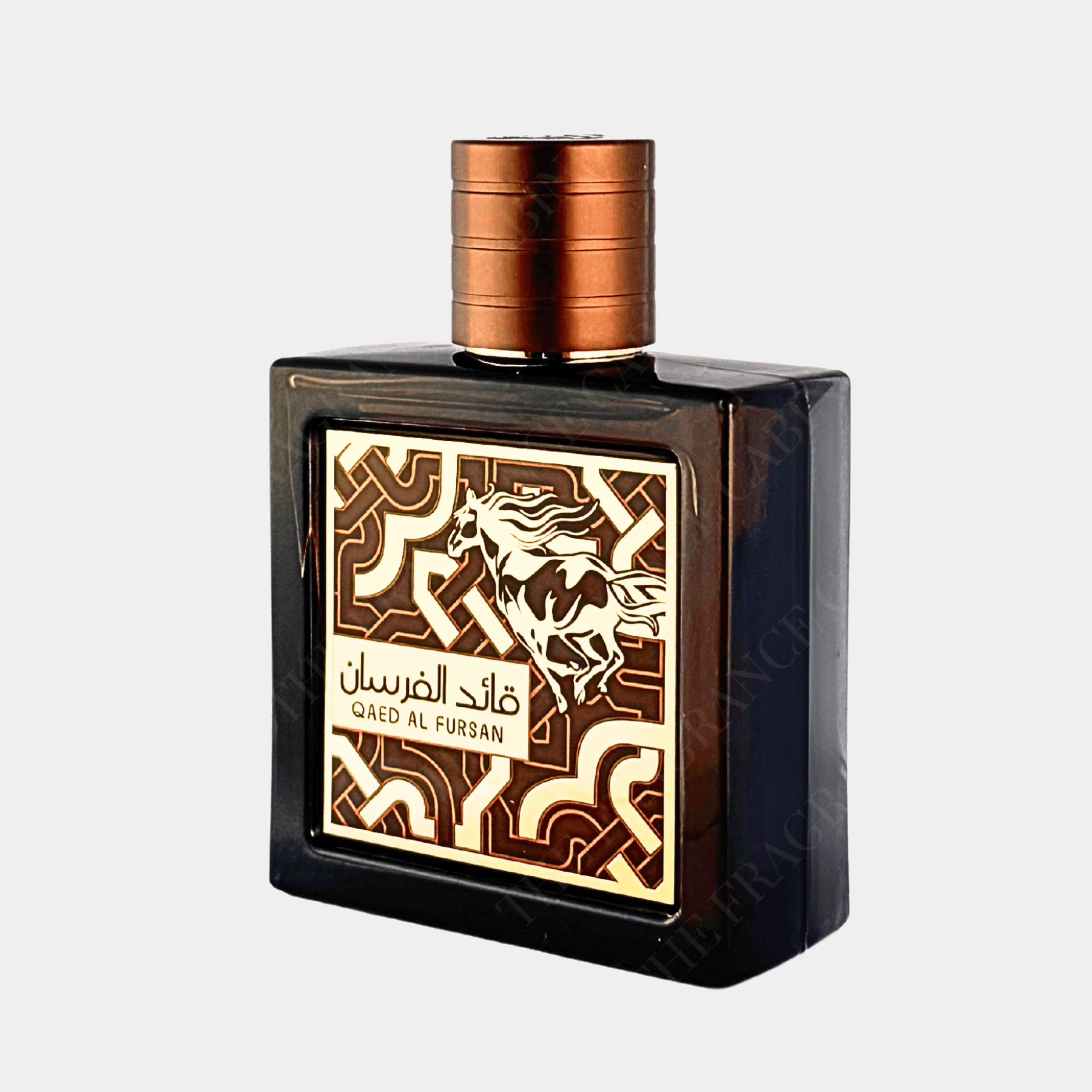 Lattafa Qaed Al Fursan 90ml eau de parfum for men and women. Front view of bottle. Side on 