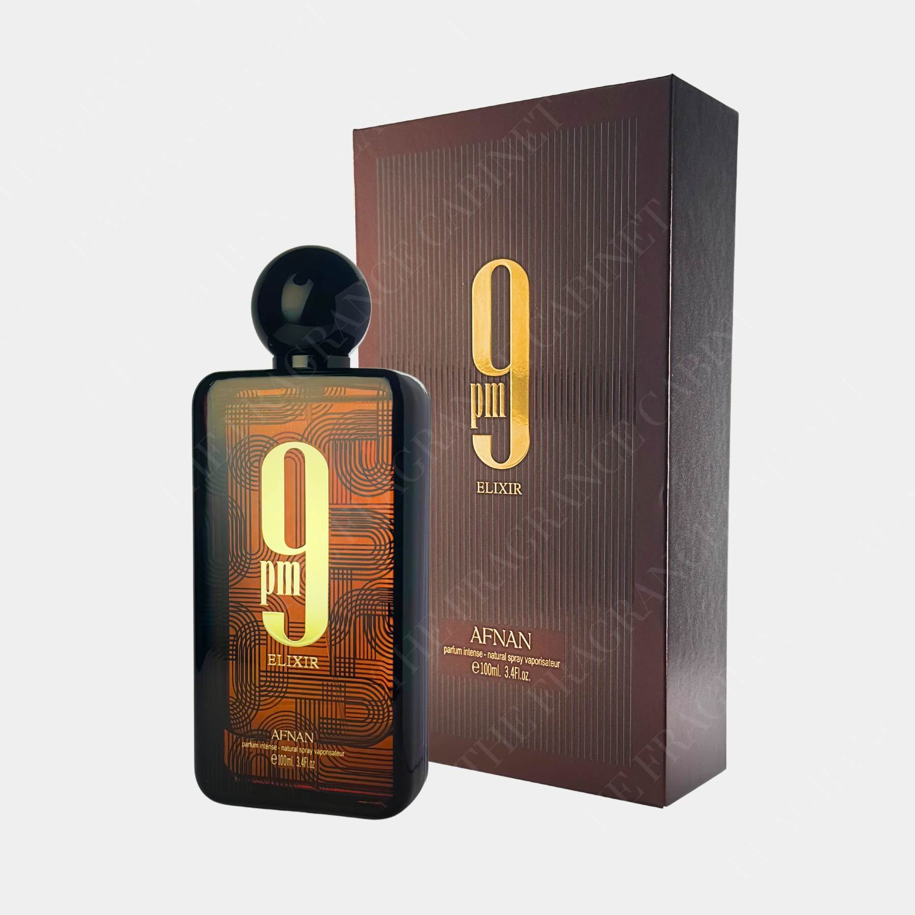 Afnan 9pm elixir 100ml eau de parfum for men, front view of bottle side on with box 