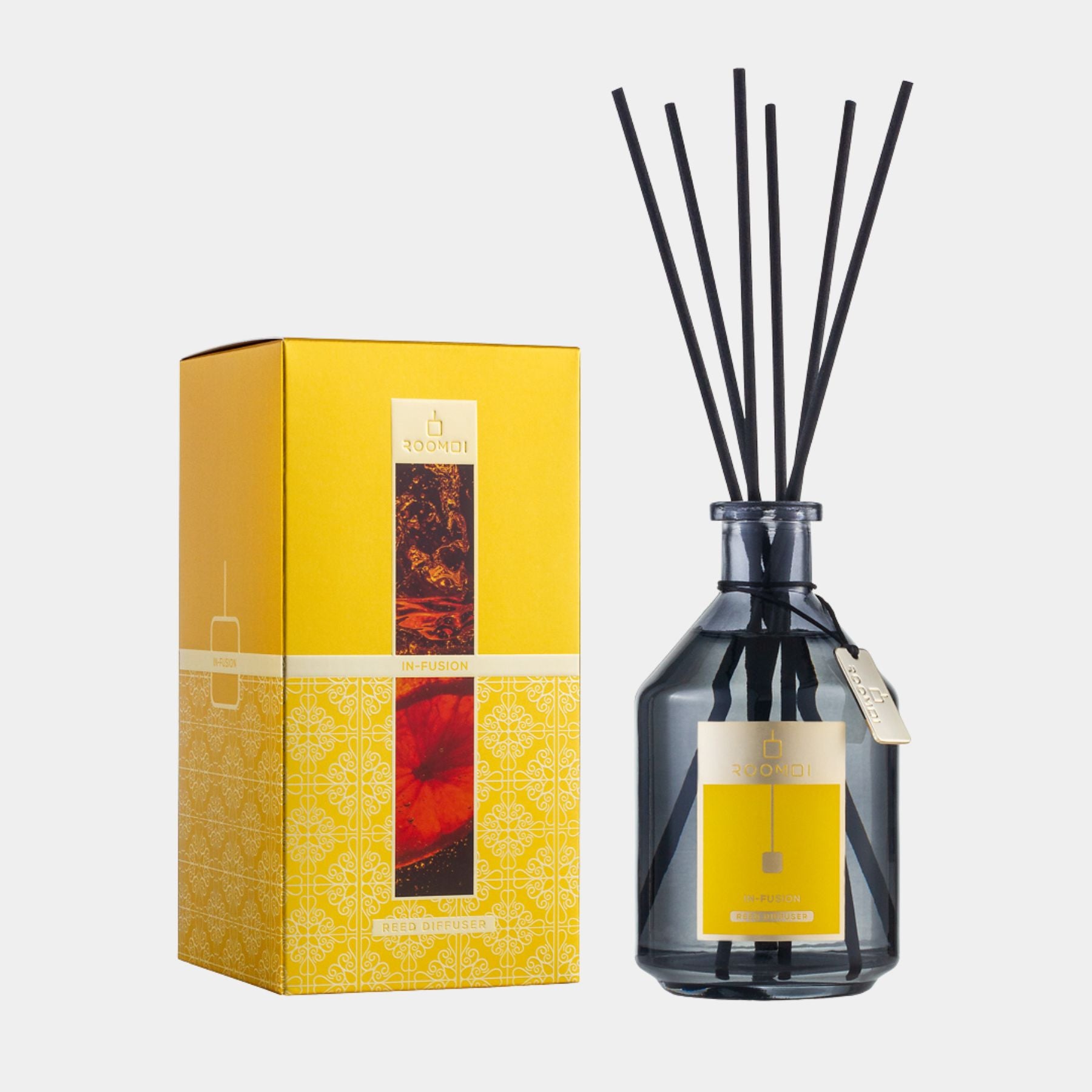 Roomoi In Fusion 500ml Reed Diffuser, Packaging, Sticks. 