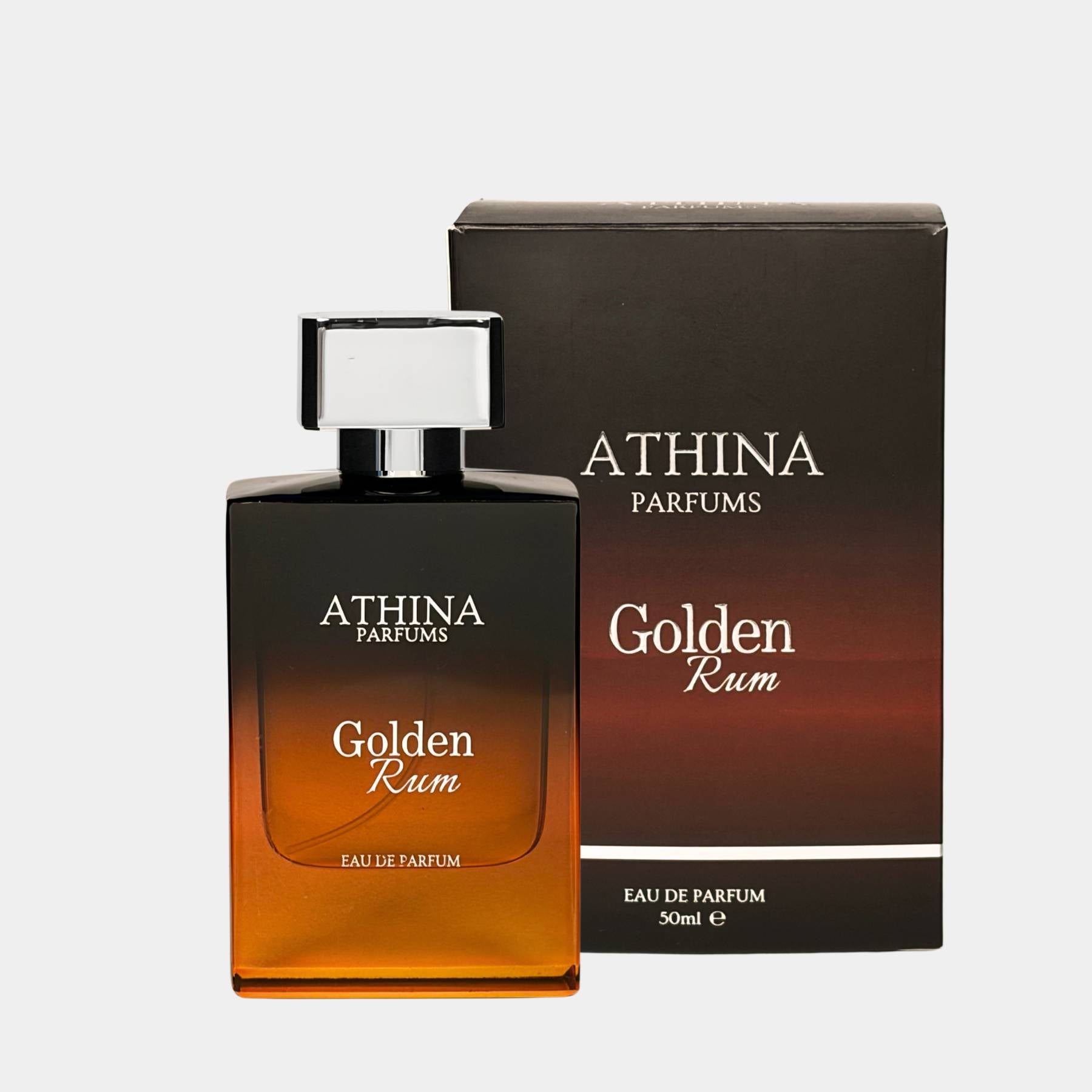 Athina Parfums Golden Rum Eau de Parfum bottle and packaging on a white background