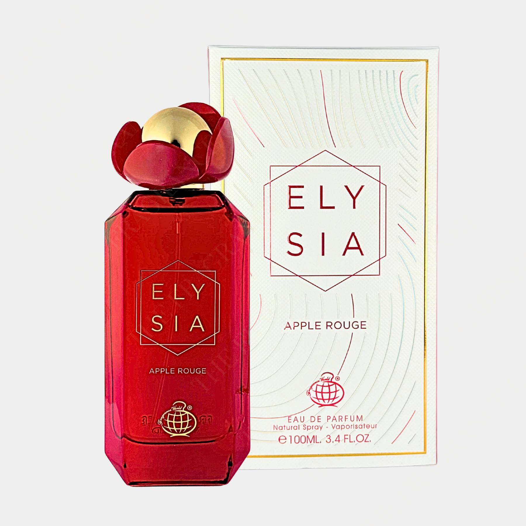 Fragrance World Elysia Apple Rouge 100ml eau de parfum for men and women front view of bottle and box 