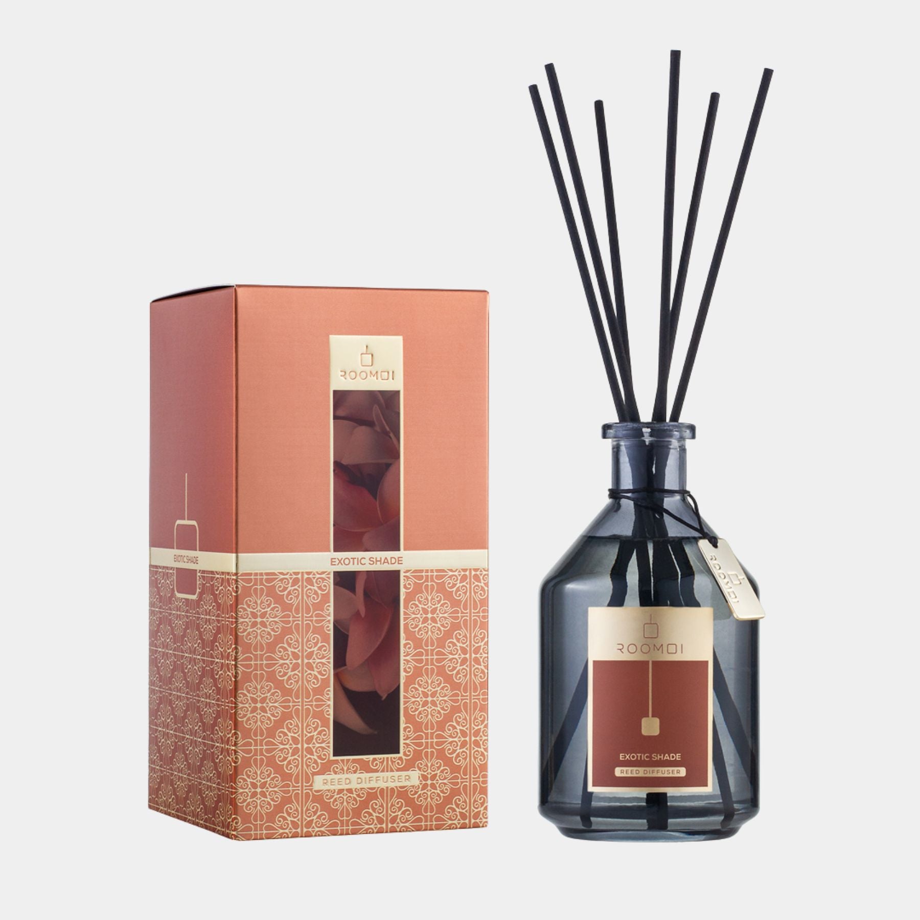 Roomoi Exotic Shade 500ml Reed Diffuser, Packaging and sticks. 