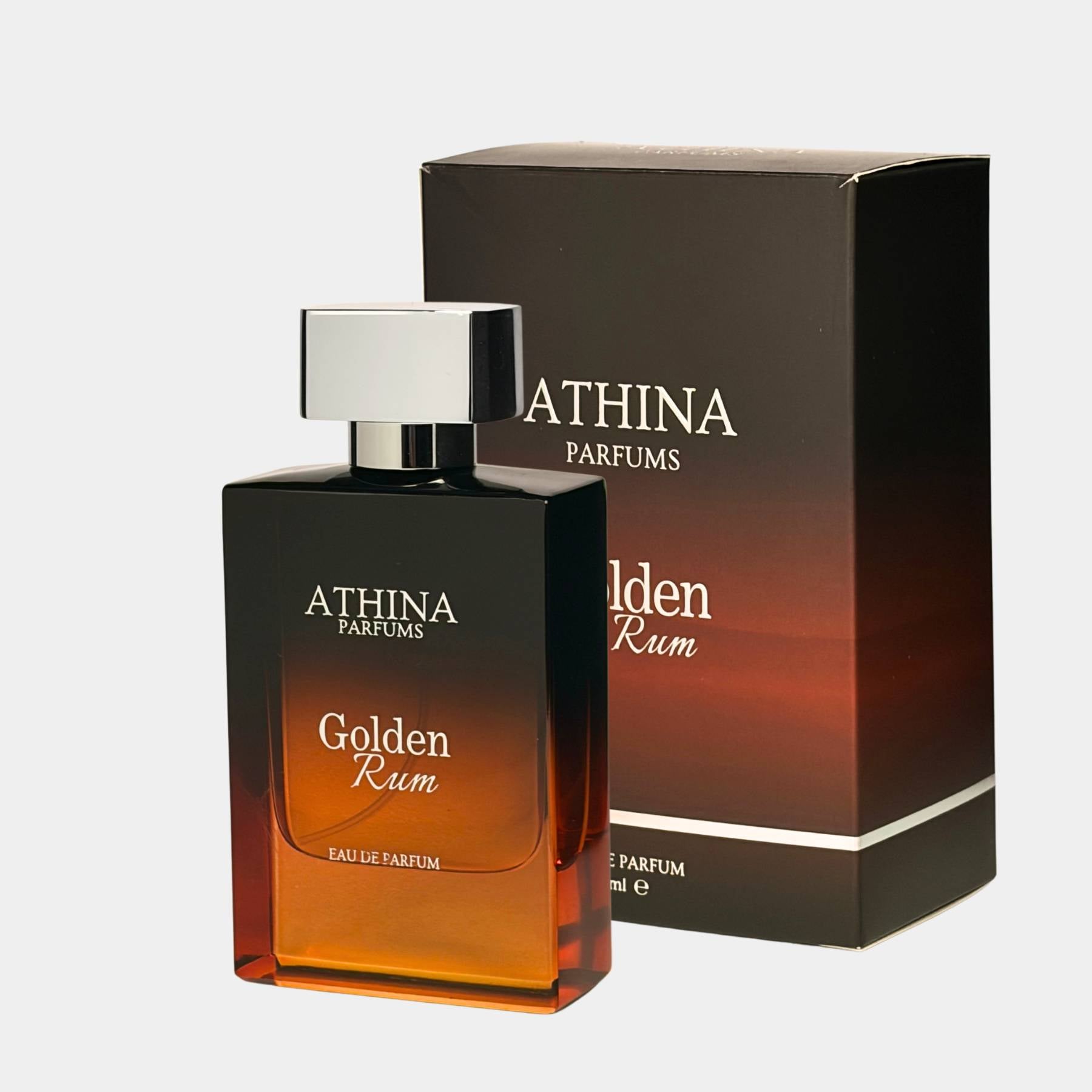 Athina Parfums Golden Rum perfume bottle and packaging on a white background
