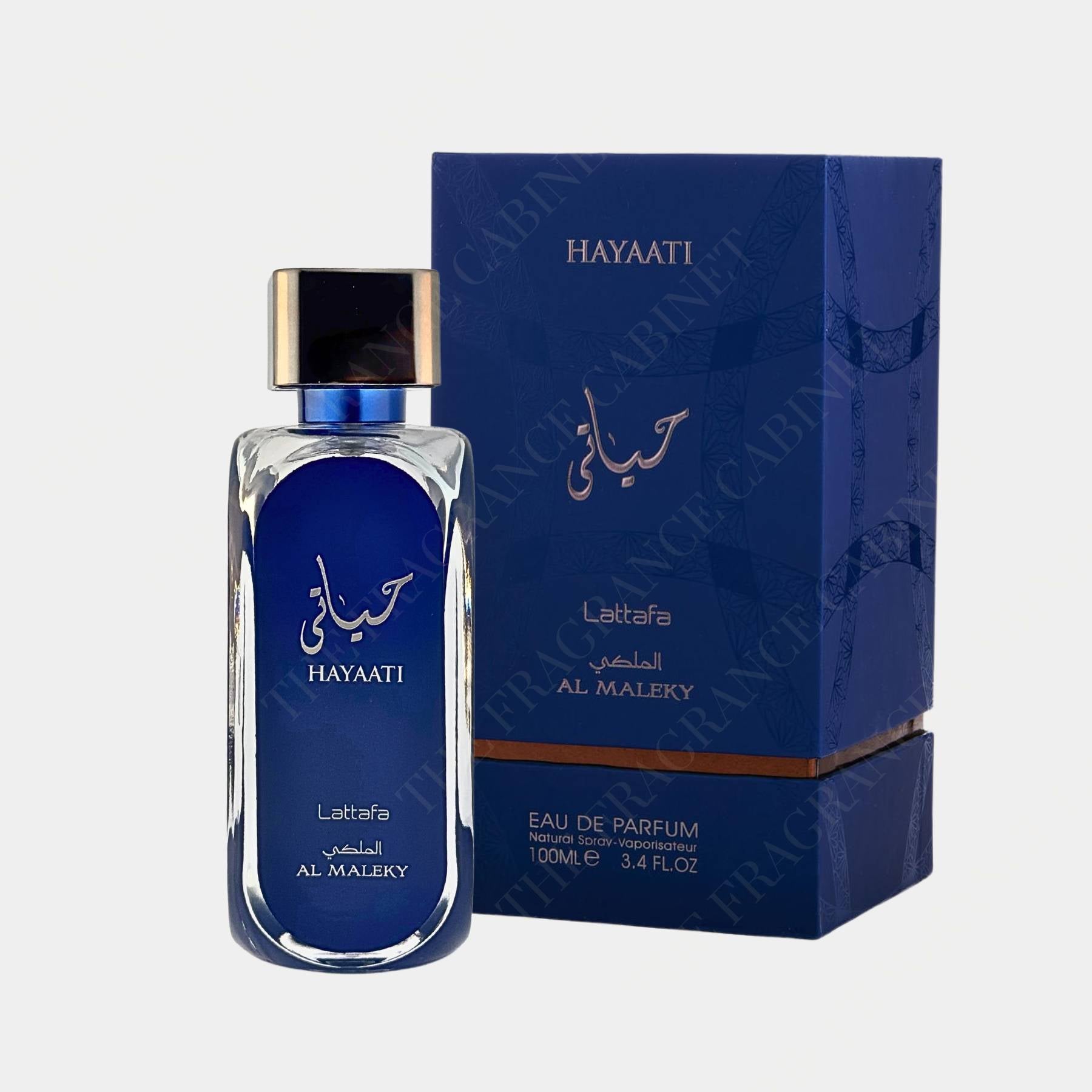 Lattafa Hayaati Al Maleky 100ml eau de parfum for men. Front view of bottle and box.