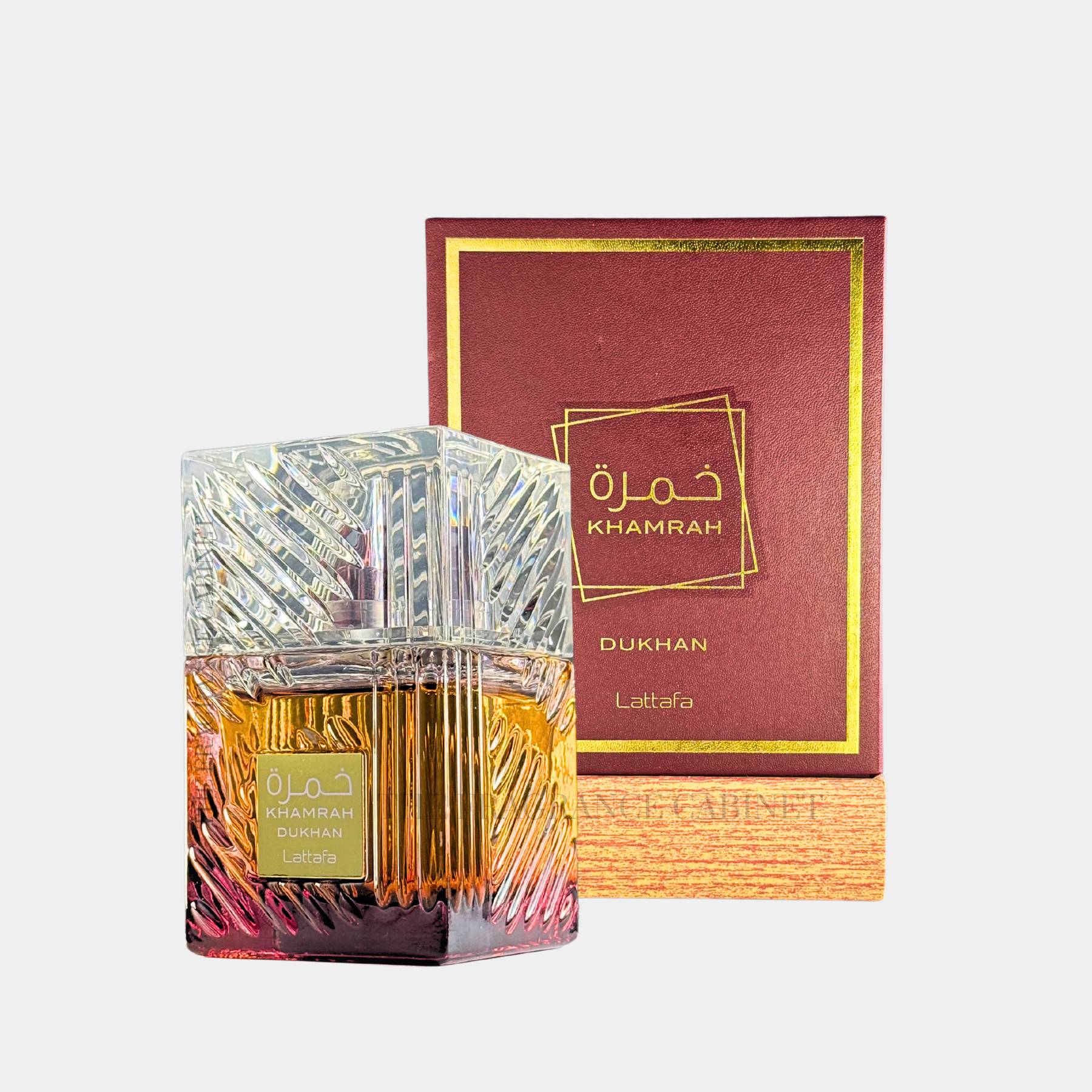 Lattafa Khamrah Dukhan 100ml eau de parfum for men and women front view of bottle and box 